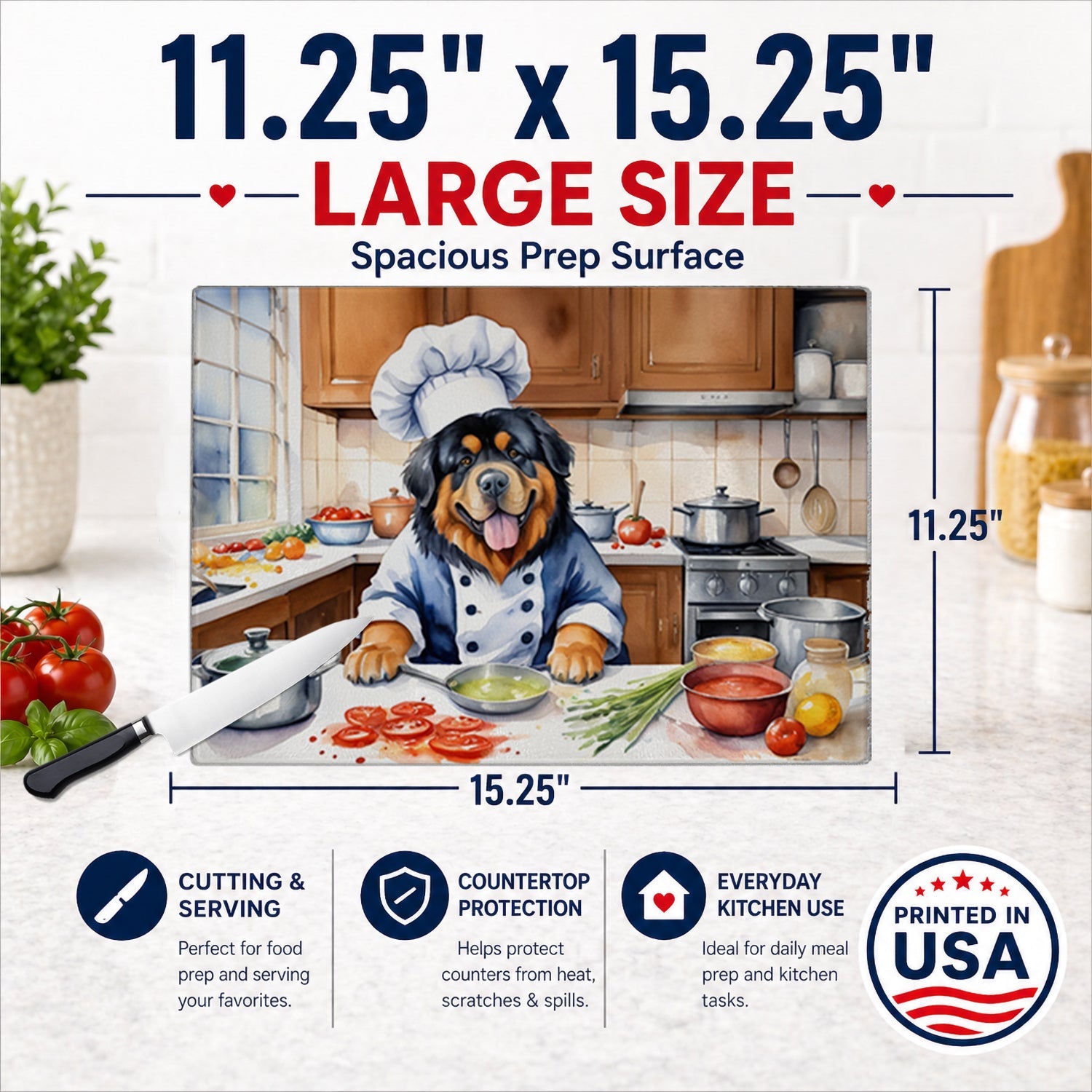 Tibetan Mastiff The Chef Cutting Board Tempered Glass Kitchen Cutting Surface, Heat Resistant Chopping, Non-Slip Feet, Food Prep & Serving