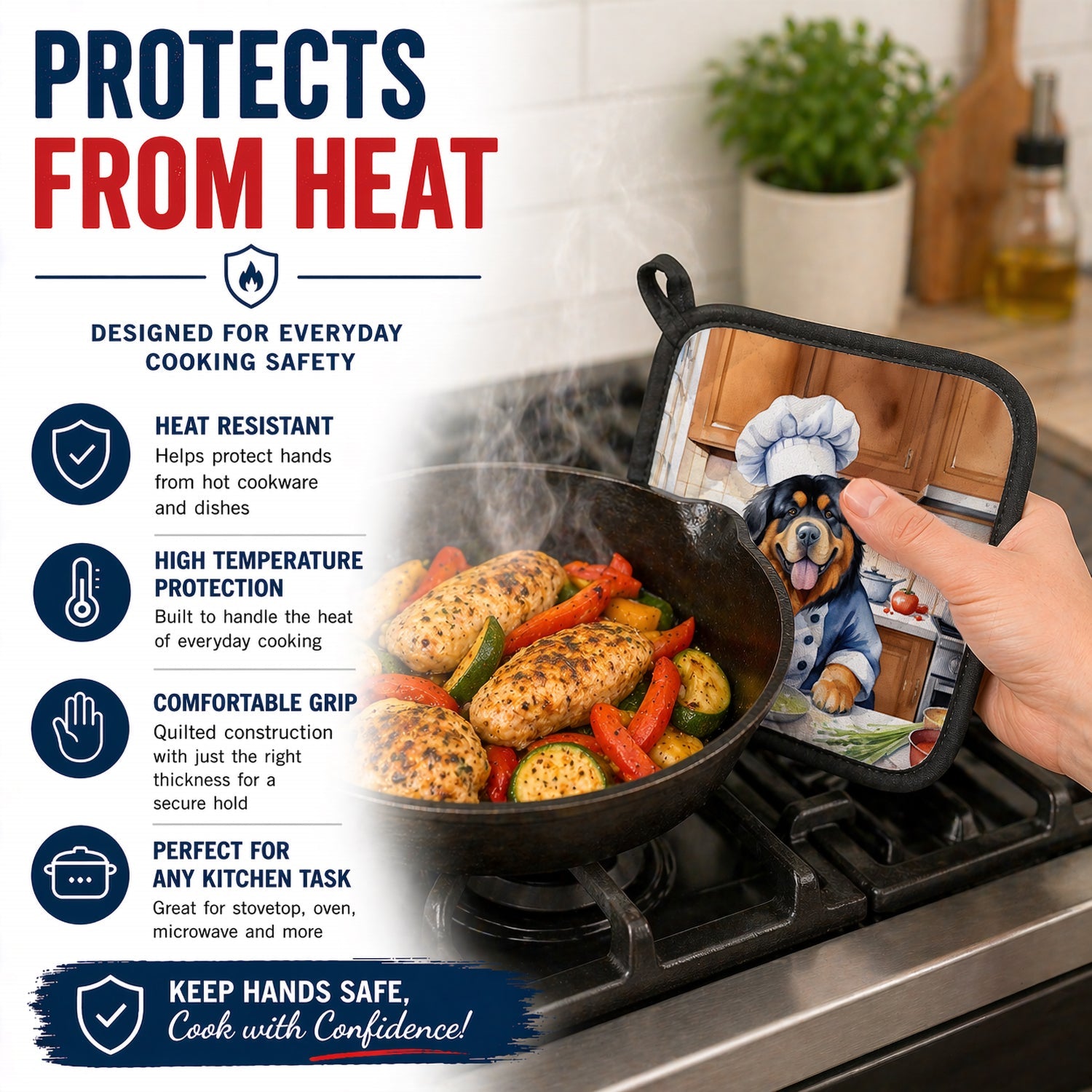 Tibetan Mastiff The Chef Pot Holder Set of 2 Heat Resistant Quilted Hot Pads 7.5 x 7.5 Inch, Insulated Kitchen Trivets for Cooking & Baking