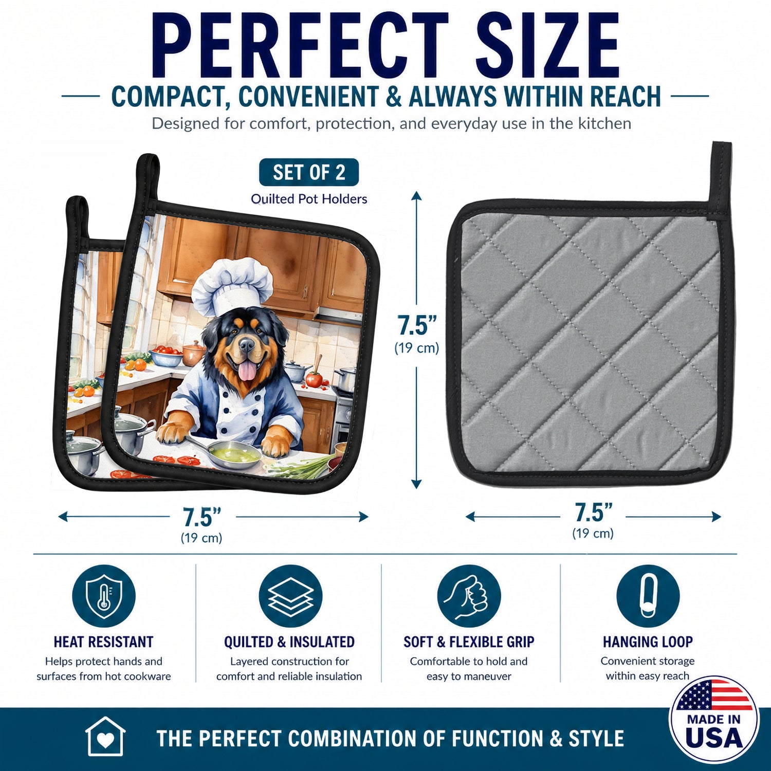 Tibetan Mastiff The Chef Pot Holder Set of 2 Heat Resistant Quilted Hot Pads 7.5 x 7.5 Inch, Insulated Kitchen Trivets for Cooking & Baking