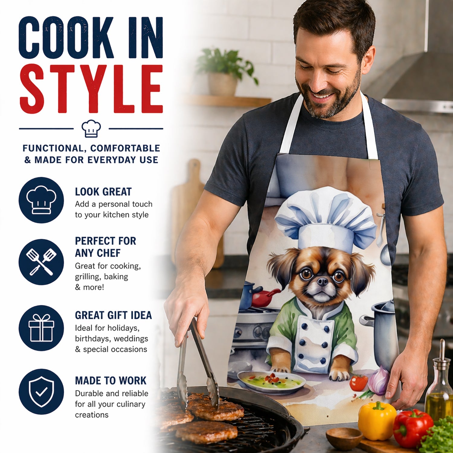 Tibetan Spaniel The Chef Apron Cooking Kitchen Server Baking Crafts Gardening for Adult Women Men, Unisex, Large, Multicolor