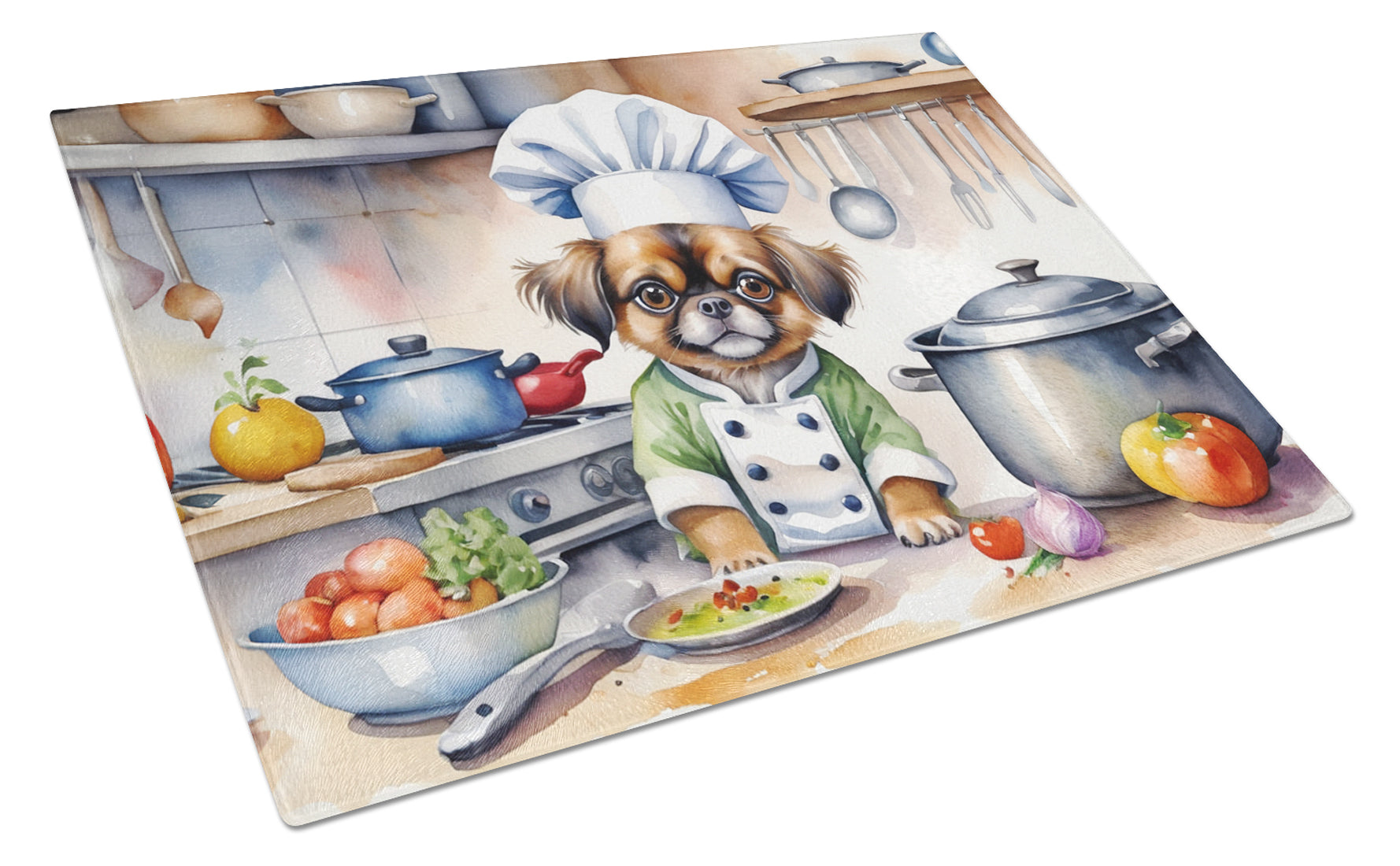 Tibetan Spaniel The Chef Cutting Board Tempered Glass Kitchen Cutting Surface, Heat Resistant Chopping, Non-Slip Feet, Food Prep & Serving