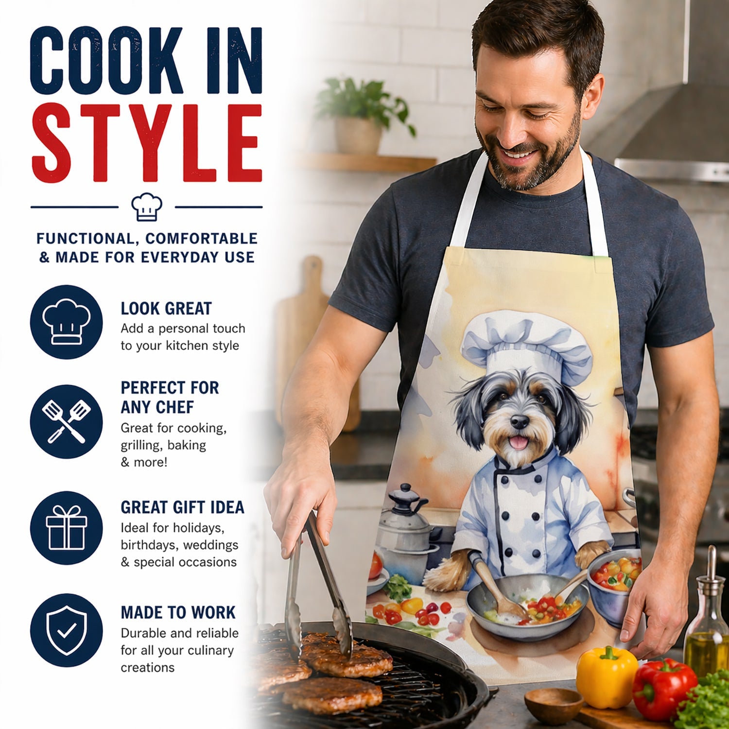 Tibetan Terrier The Chef Apron Cooking Kitchen Server Baking Crafts Gardening for Adult Women Men, Unisex, Large, Multicolor