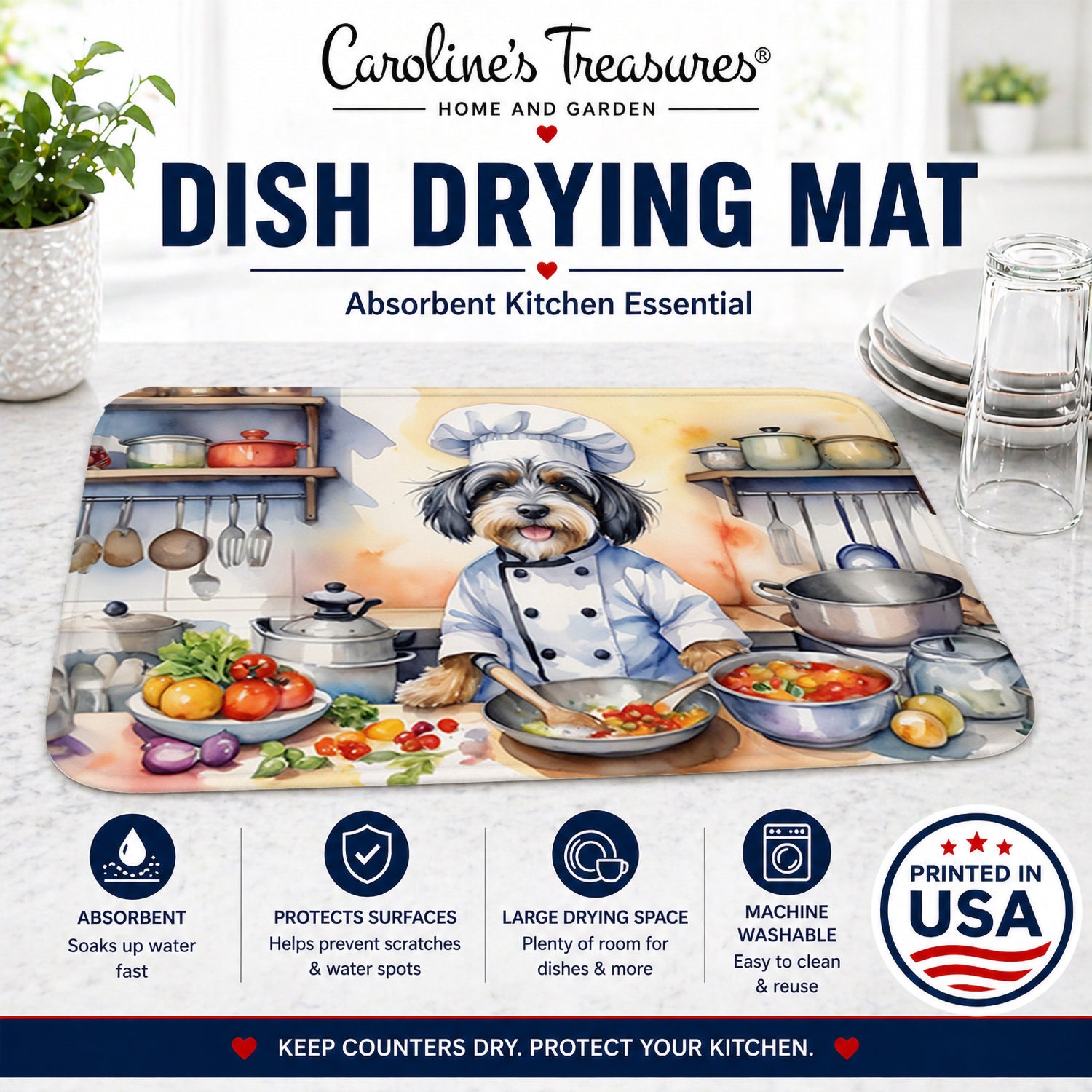 Tibetan Terrier The Chef Dish Drying Mat Absorbent Dish Drying Mat Pad for Kitchen Counter Dish Drainer Mat for Countertop, 14 x 21", Multicolor