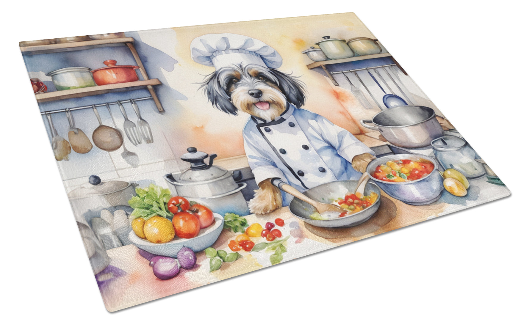 Tibetan Terrier The Chef Cutting Board Tempered Glass Kitchen Cutting Surface, Heat Resistant Chopping, Non-Slip Feet, Food Prep & Serving