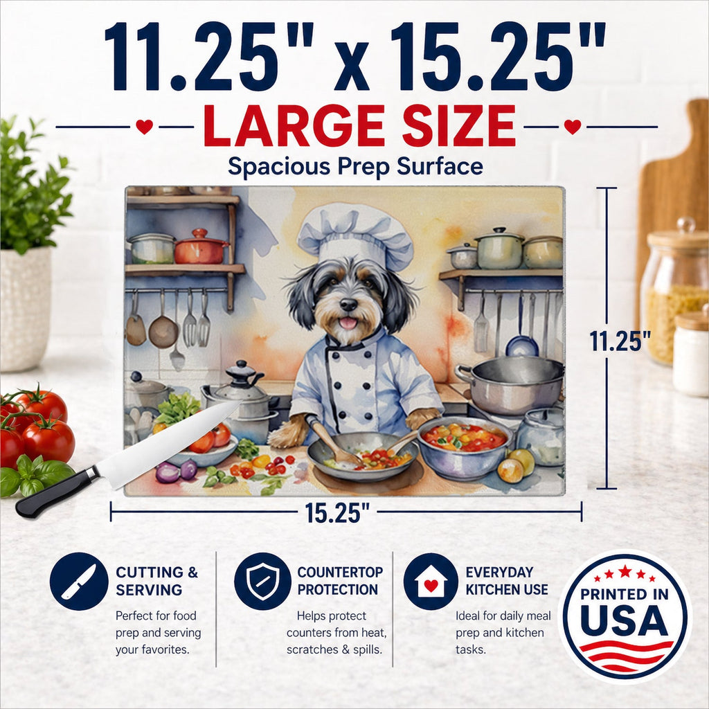 Tibetan Terrier The Chef Cutting Board Tempered Glass Kitchen Cutting Surface, Heat Resistant Chopping, Non-Slip Feet, Food Prep & Serving