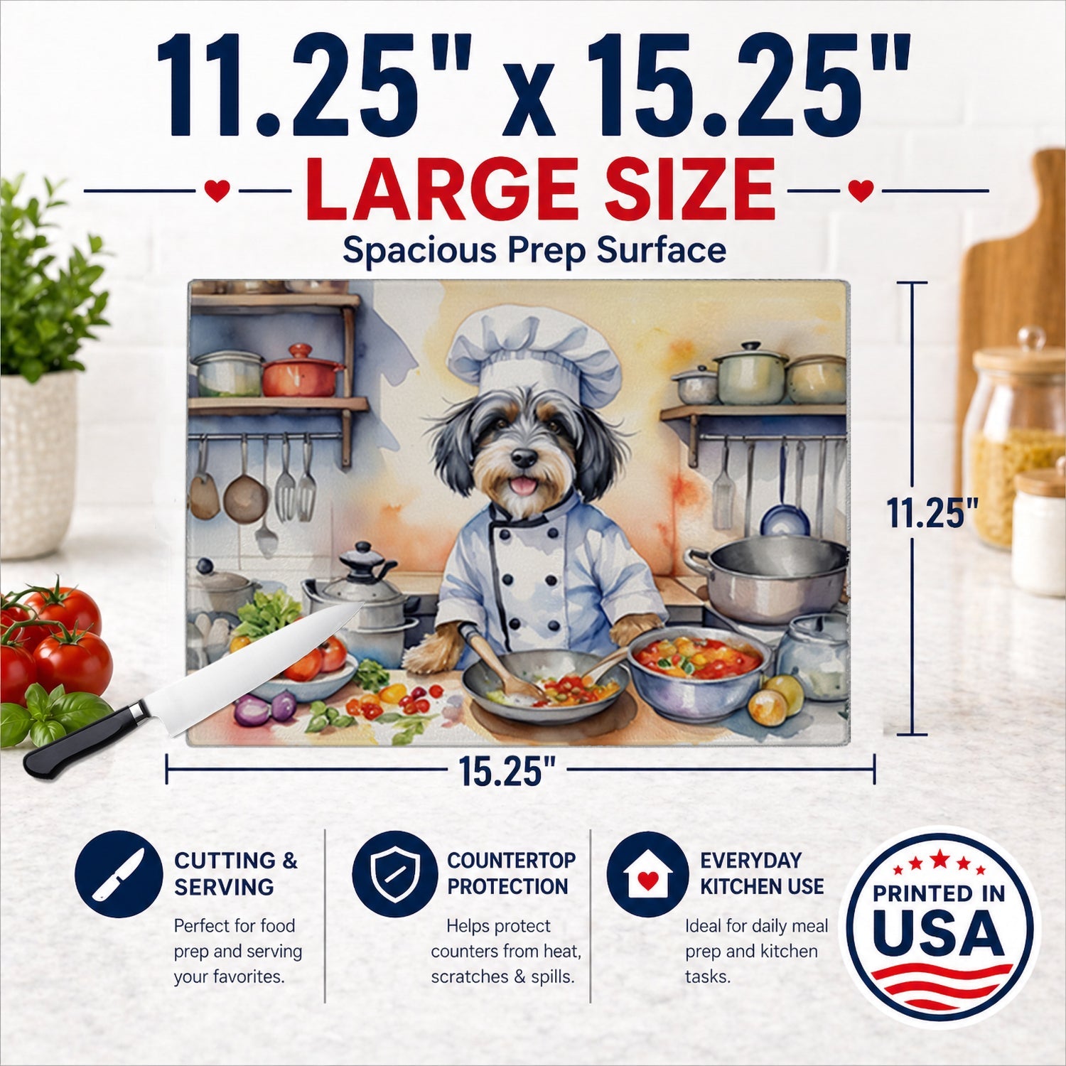 Tibetan Terrier The Chef Cutting Board Tempered Glass Kitchen Cutting Surface, Heat Resistant Chopping, Non-Slip Feet, Food Prep & Serving