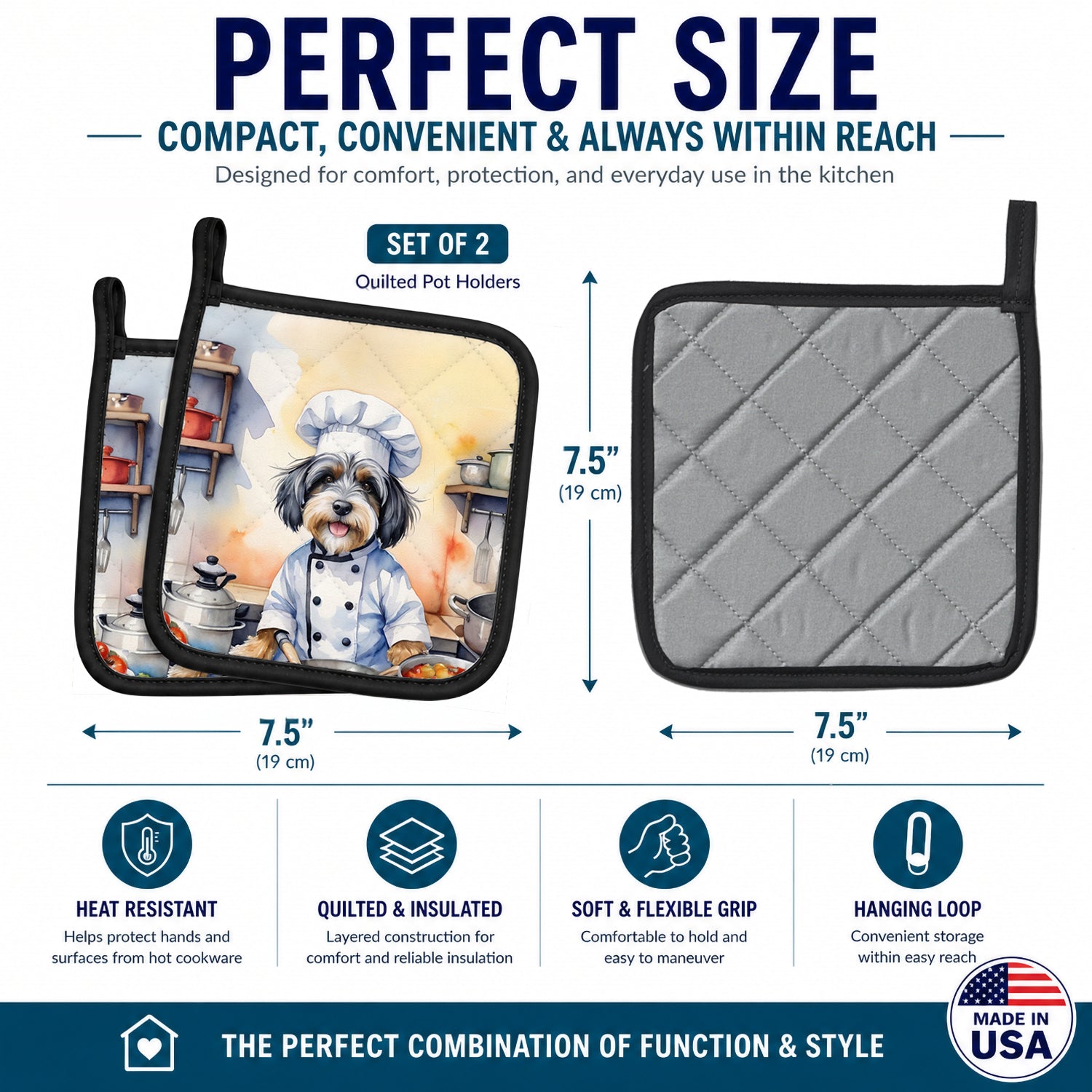 Tibetan Terrier The Chef Pot Holder Set of 2 Heat Resistant Quilted Hot Pads 7.5 x 7.5 Inch, Insulated Kitchen Trivets for Cooking & Baking