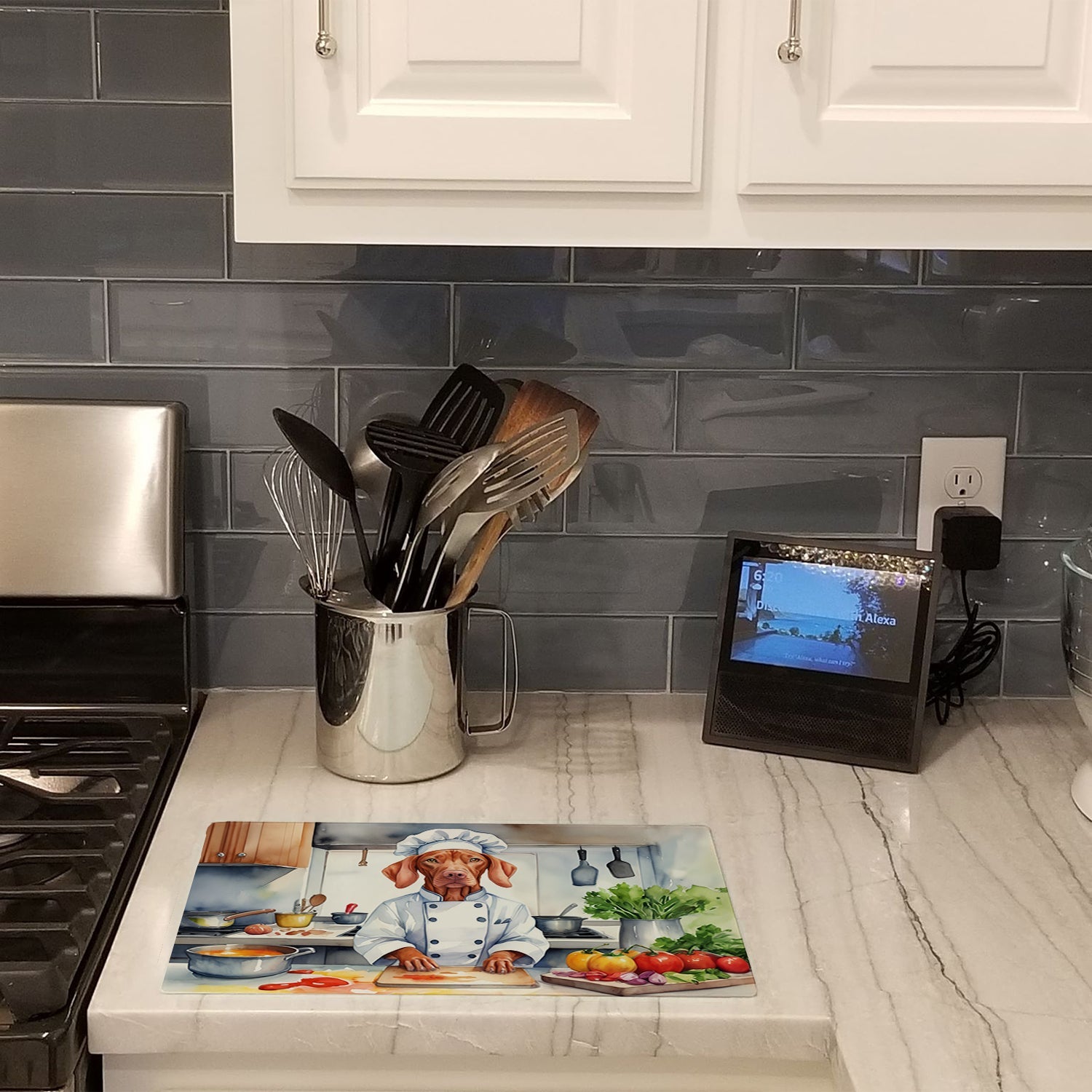 Vizsla The Chef Cutting Board Tempered Glass Kitchen Cutting Surface, Heat Resistant Chopping, Non-Slip Feet, Food Prep & Serving