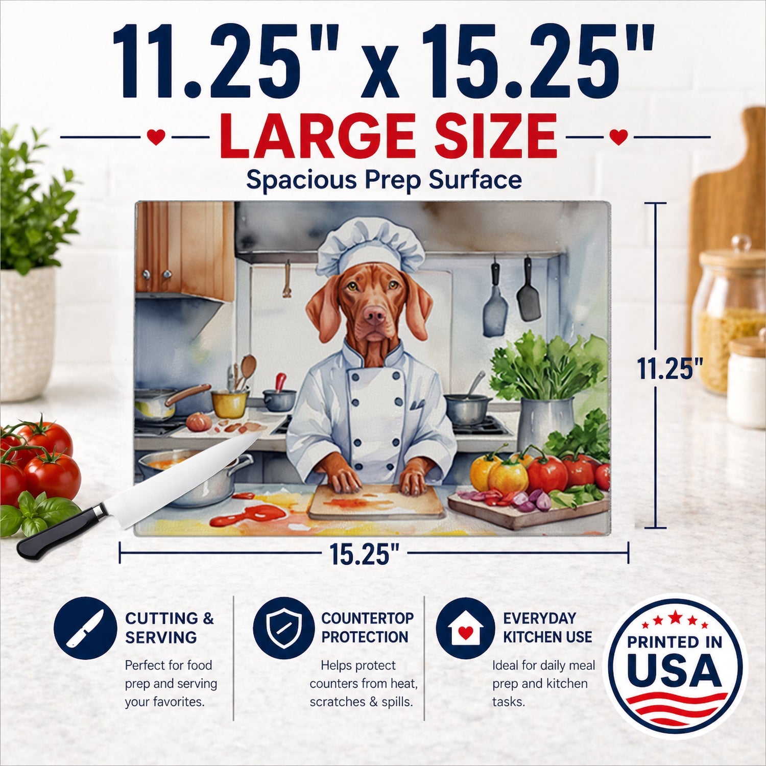 Vizsla The Chef Cutting Board Tempered Glass Kitchen Cutting Surface, Heat Resistant Chopping, Non-Slip Feet, Food Prep & Serving
