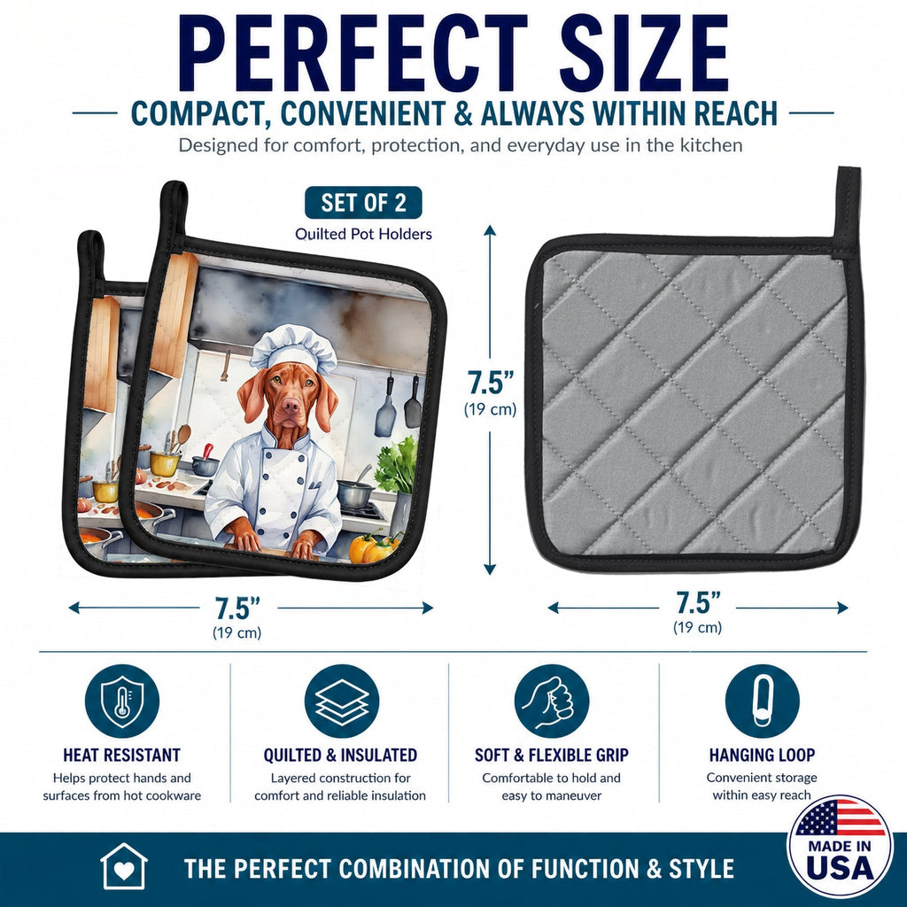 Vizsla The Chef Pot Holder Set of 2 Heat Resistant Quilted Hot Pads 7.5 x 7.5 Inch, Insulated Kitchen Trivets for Cooking & Baking