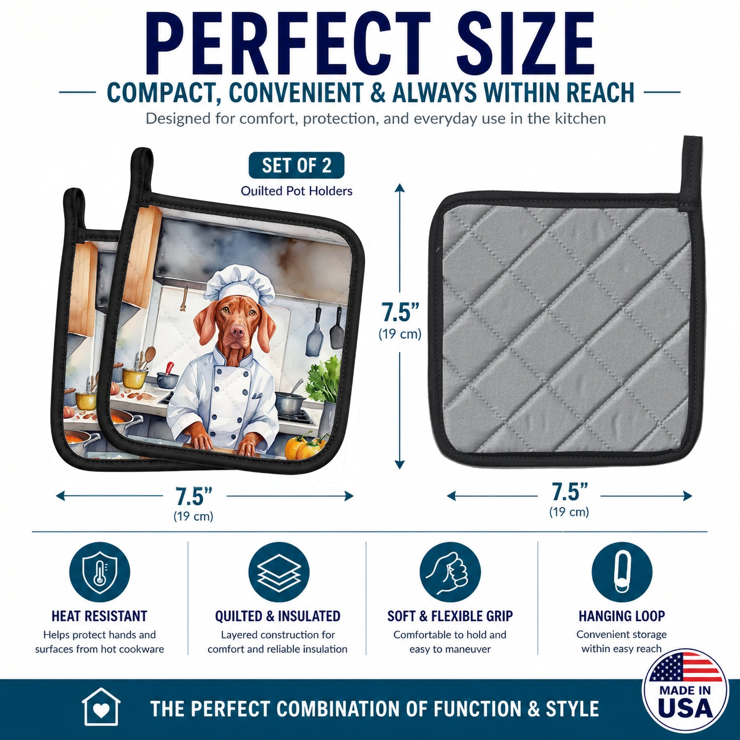 Vizsla The Chef Pot Holder Set of 2 Heat Resistant Quilted Hot Pads 7.5 x 7.5 Inch, Insulated Kitchen Trivets for Cooking & Baking