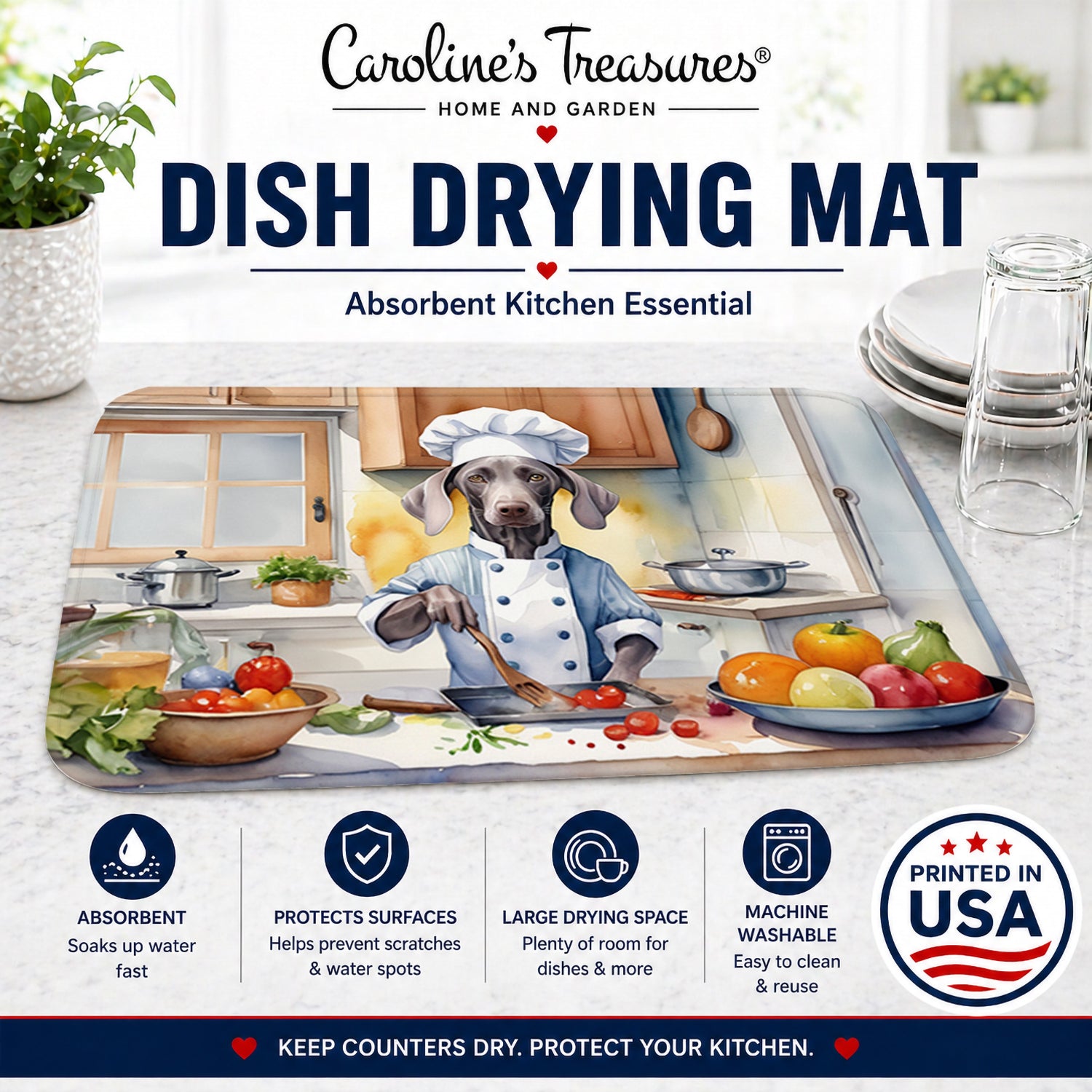 Weimaraner The Chef Dish Drying Mat Absorbent Dish Drying Mat Pad for Kitchen Counter Dish Drainer Mat for Countertop, 14 x 21", Multicolor