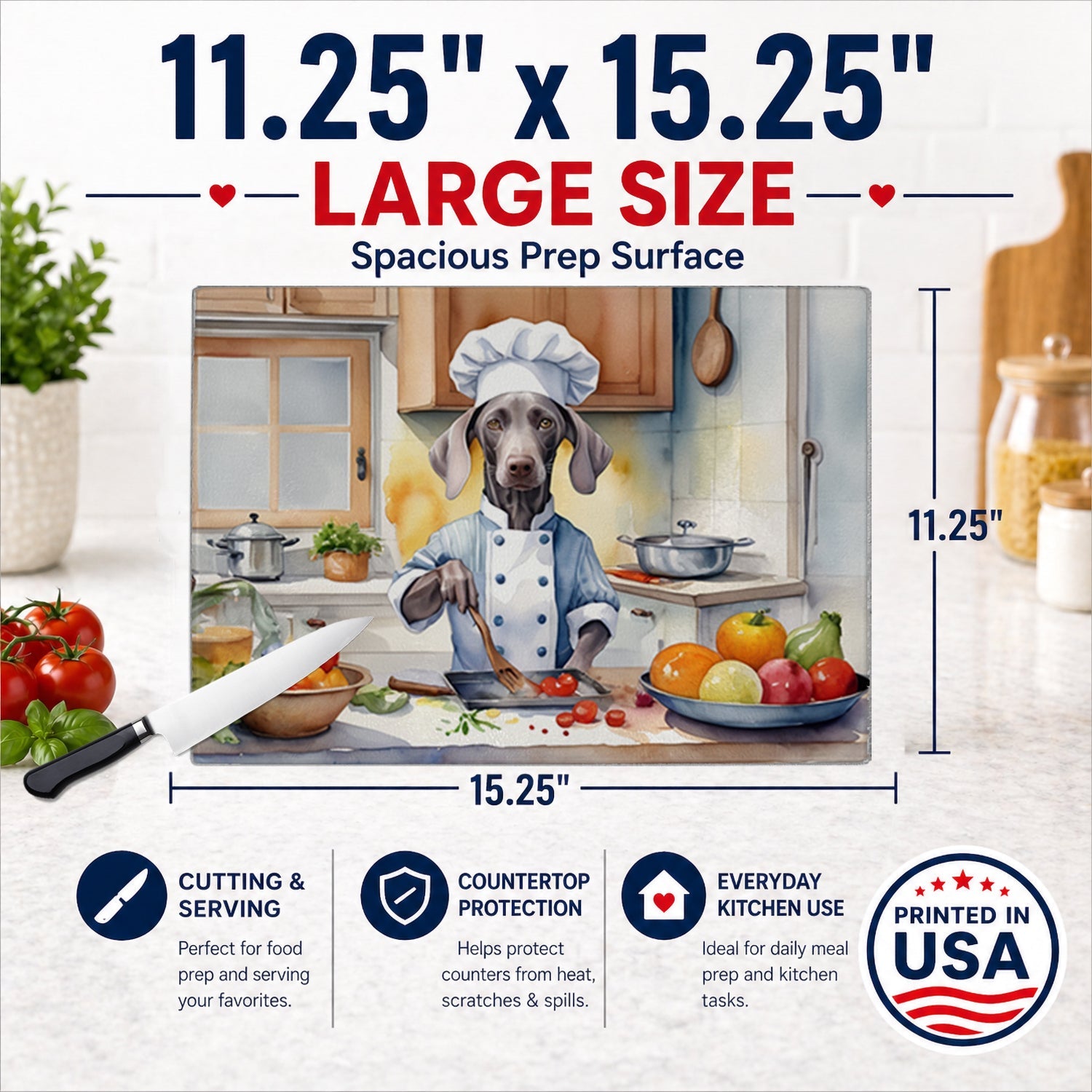 Weimaraner The Chef Cutting Board Tempered Glass Kitchen Cutting Surface, Heat Resistant Chopping, Non-Slip Feet, Food Prep & Serving