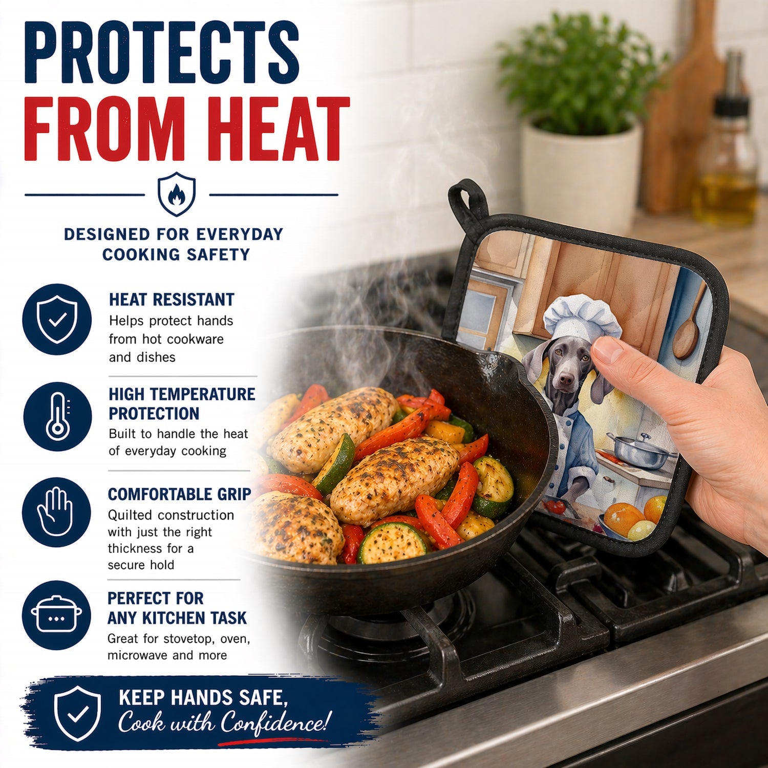 Weimaraner The Chef Pot Holder Set of 2 Heat Resistant Quilted Hot Pads 7.5 x 7.5 Inch, Insulated Kitchen Trivets for Cooking & Baking