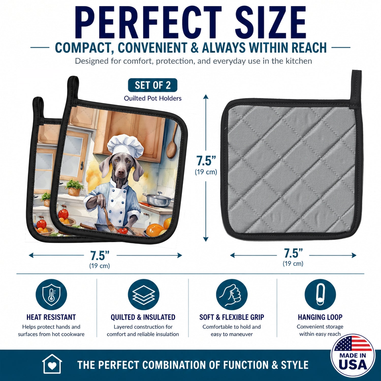 Weimaraner The Chef Pot Holder Set of 2 Heat Resistant Quilted Hot Pads 7.5 x 7.5 Inch, Insulated Kitchen Trivets for Cooking & Baking