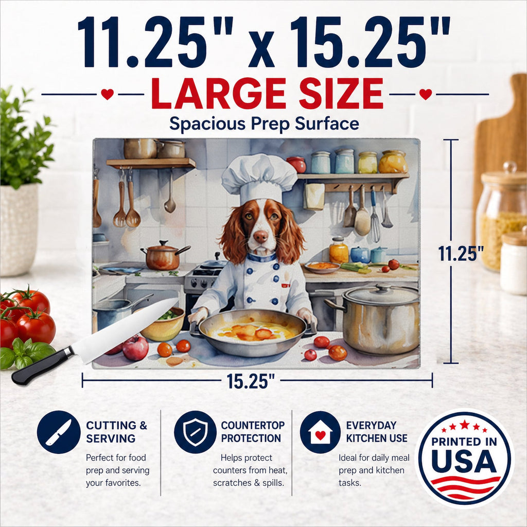 Welsh Springer Spaniel The Chef Cutting Board Tempered Glass Kitchen Cutting Surface, Heat Resistant Chopping, Non-Slip Feet, Food Prep & Serving