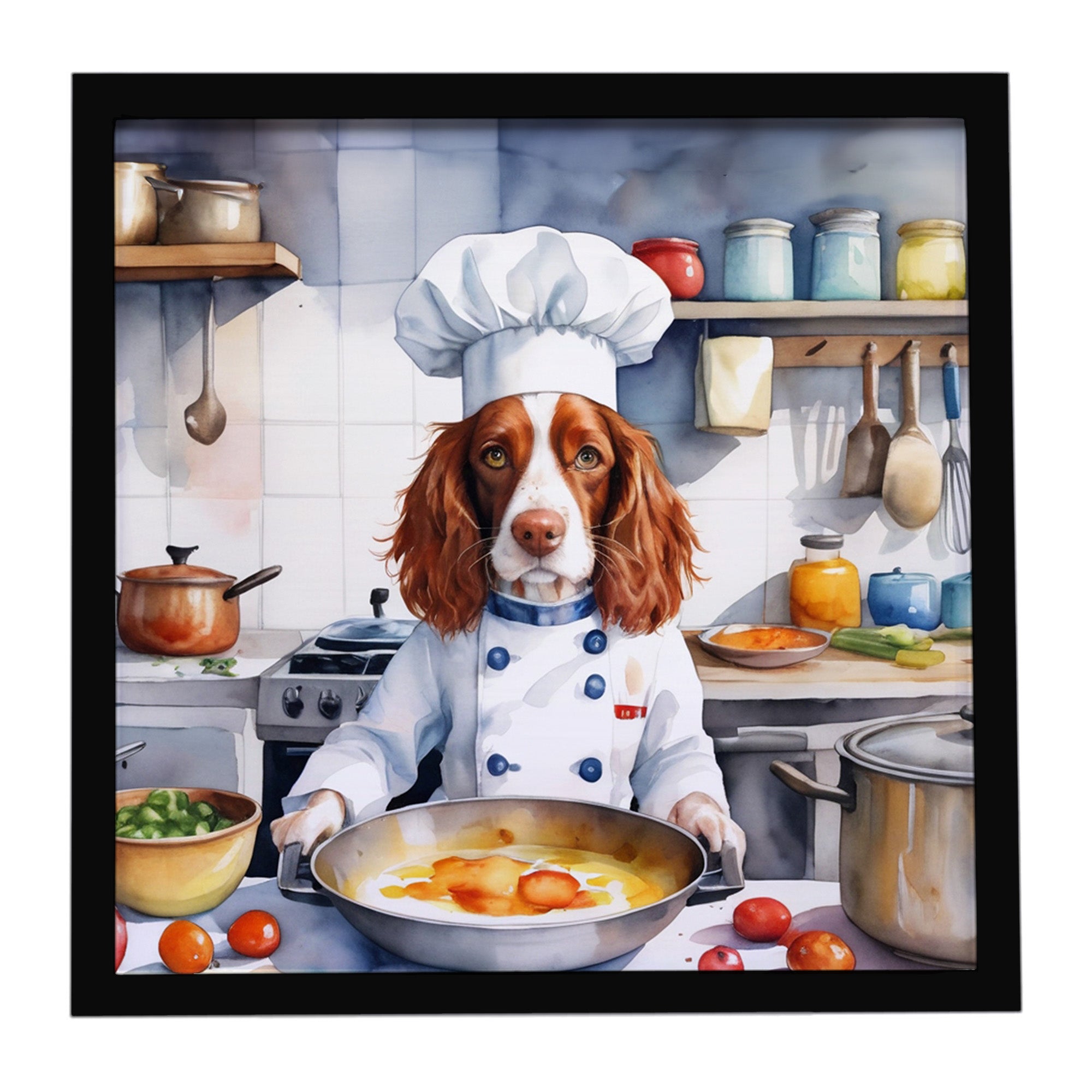 Welsh Springer Spaniel The Chef Framed Metal Print Bathroom, Kitchen, Office, Home Decor Wall Art Ready to Hang, Square, 8X8