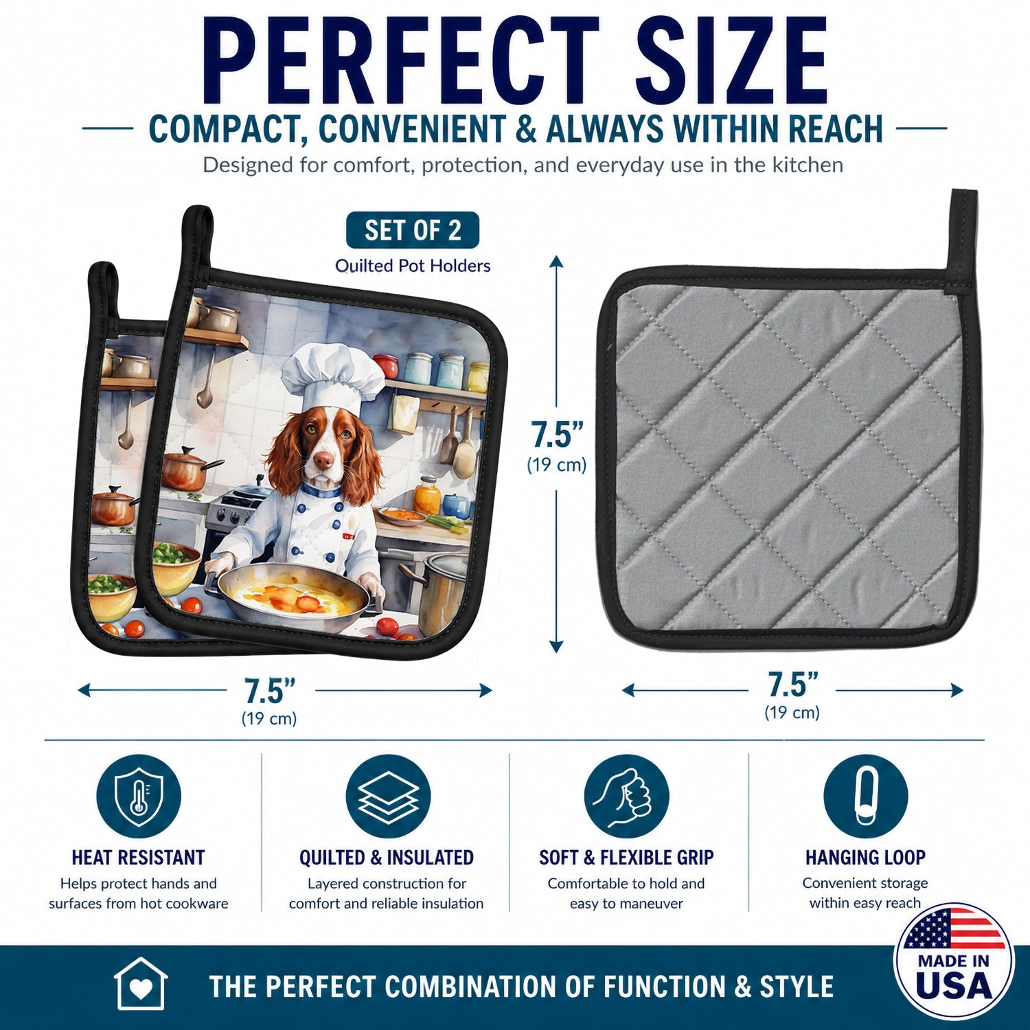 Welsh Springer Spaniel The Chef Pot Holder Set of 2 Heat Resistant Quilted Hot Pads 7.5 x 7.5 Inch, Insulated Kitchen Trivets for Cooking & Baking