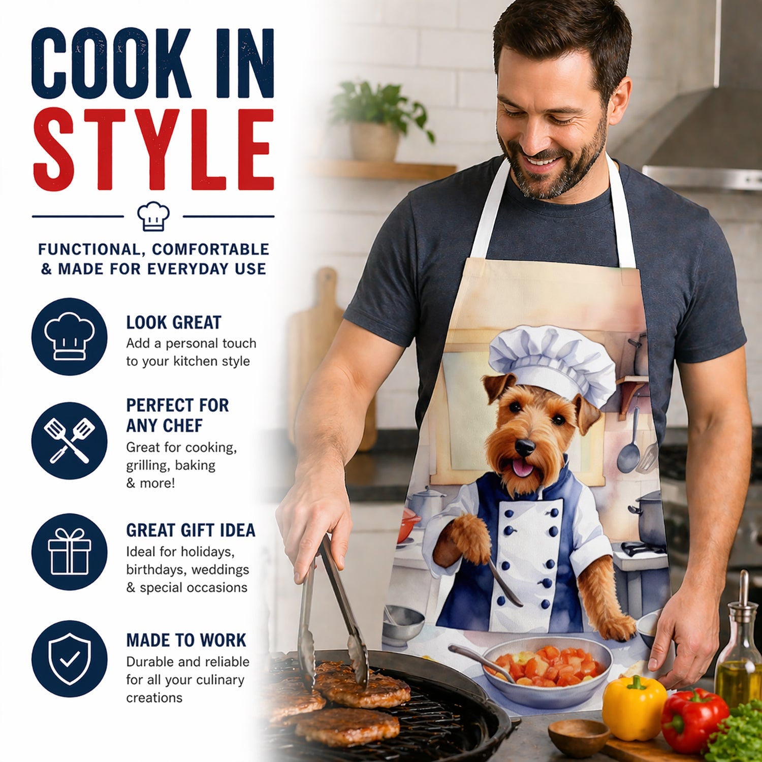 Welsh Terrier The Chef Apron Cooking Kitchen Server Baking Crafts Gardening for Adult Women Men, Unisex, Large, Multicolor