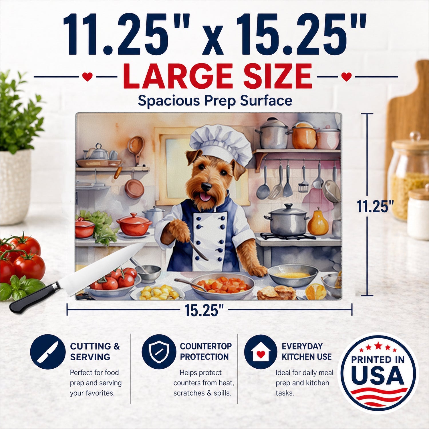 Welsh Terrier The Chef Cutting Board Tempered Glass Kitchen Cutting Surface, Heat Resistant Chopping, Non-Slip Feet, Food Prep & Serving