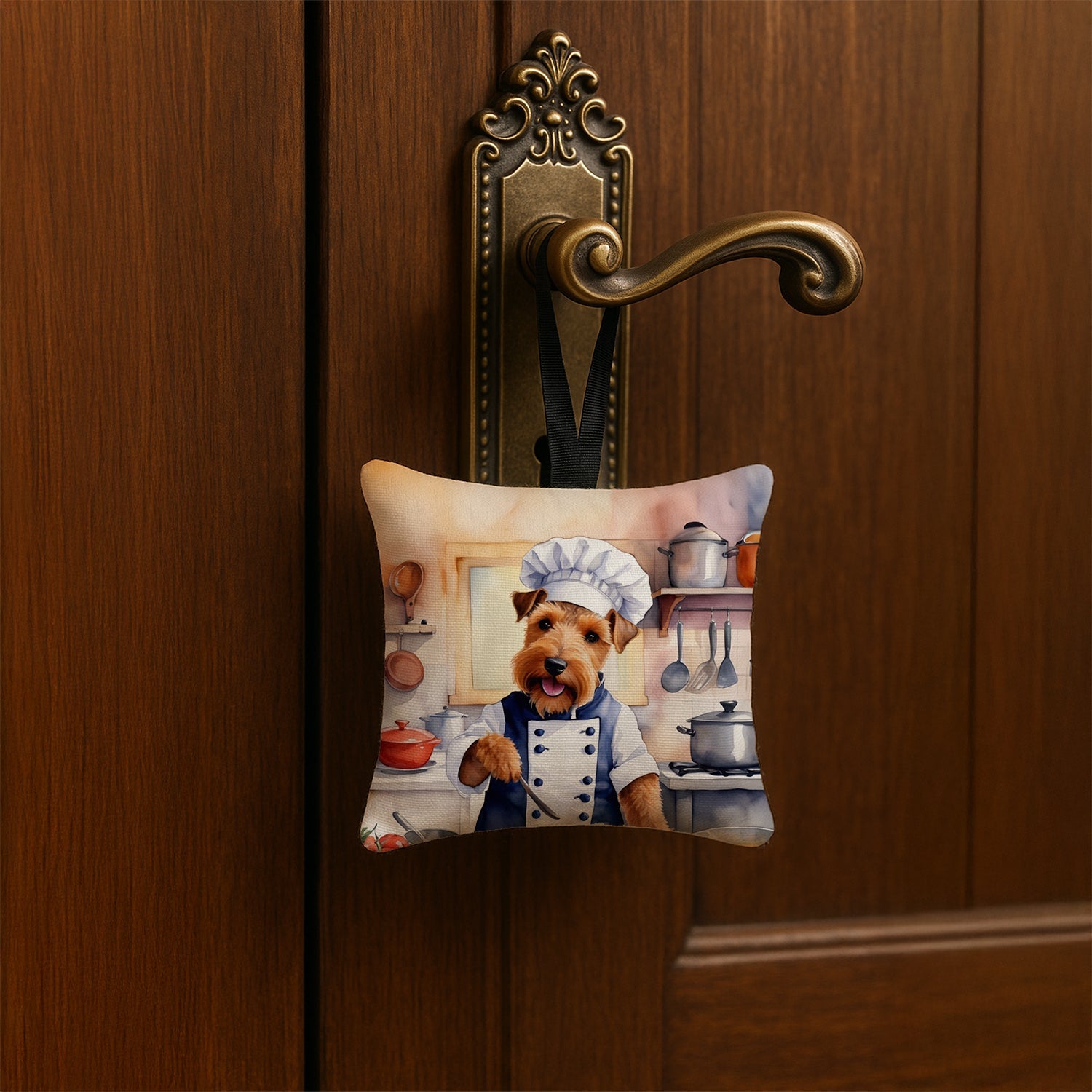 Welsh Terrier The Chef Hanging Square Fabric Ornament 3.5 × 3.5 Decorative Door-Knob & Tree Hanger, Soft Fabric