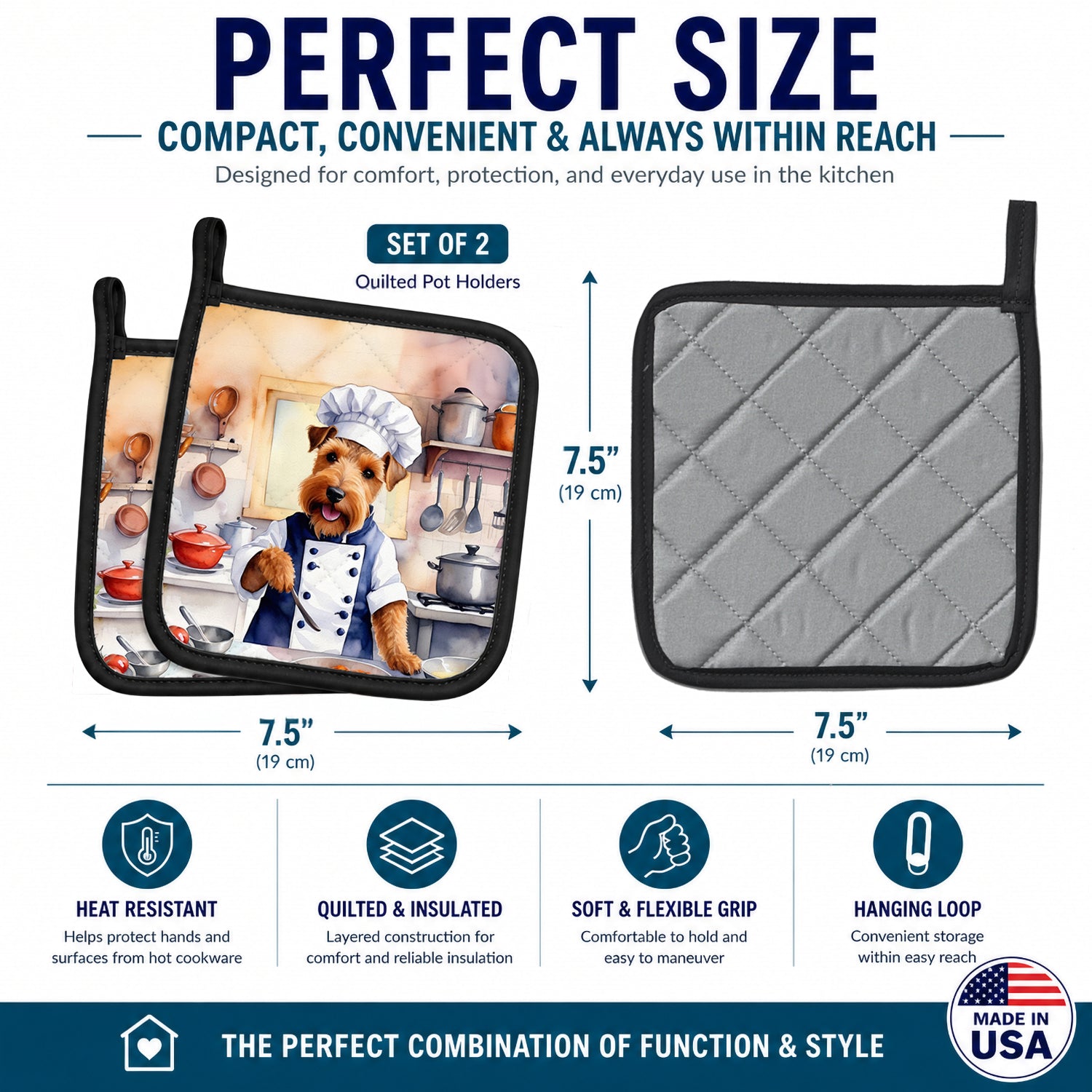 Welsh Terrier The Chef Pot Holder Set of 2 Heat Resistant Quilted Hot Pads 7.5 x 7.5 Inch, Insulated Kitchen Trivets for Cooking & Baking
