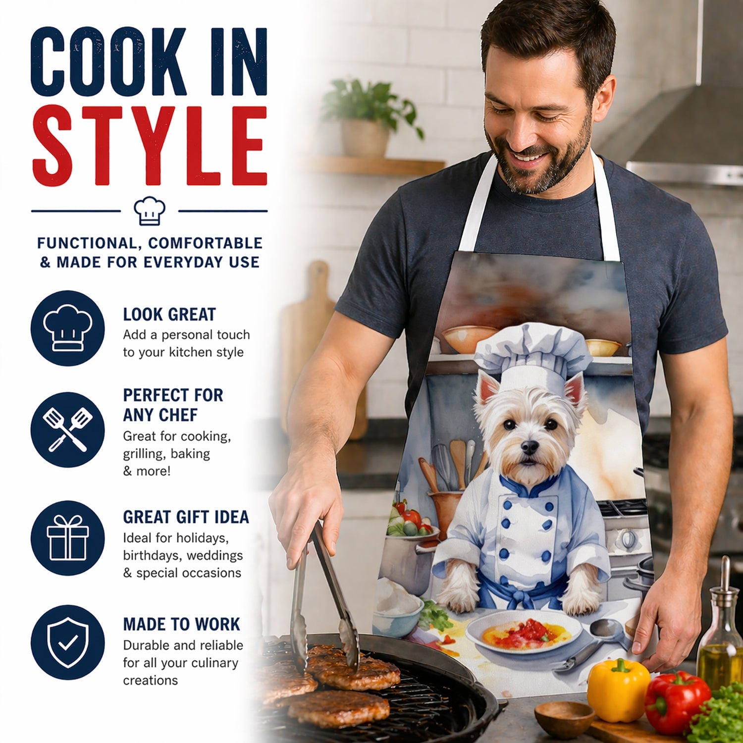 Westie The Chef Apron Cooking Kitchen Server Baking Crafts Gardening for Adult Women Men, Unisex, Large, Multicolor