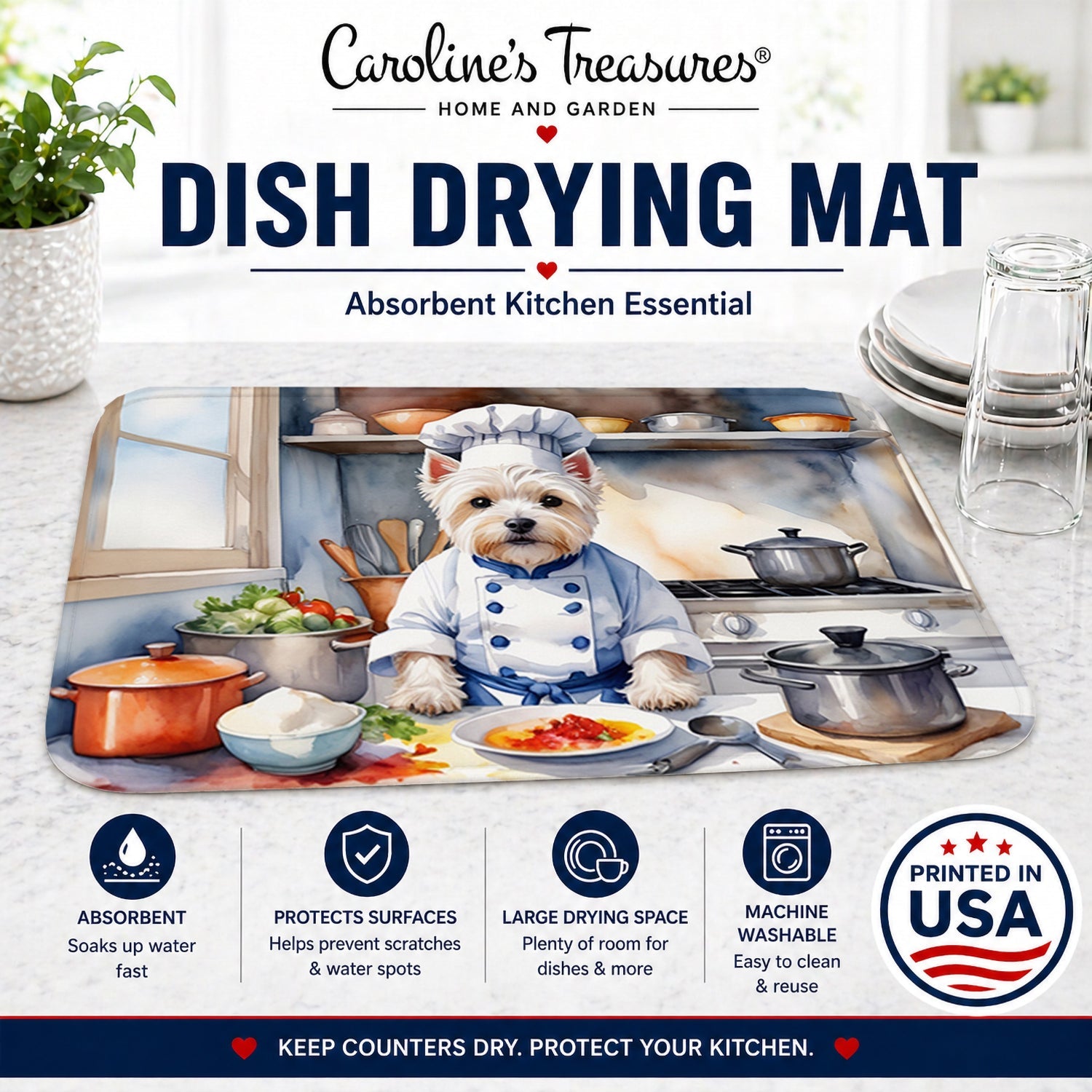 Westie The Chef Dish Drying Mat Absorbent Dish Drying Mat Pad for Kitchen Counter Dish Drainer Mat for Countertop, 14 x 21", Multicolor