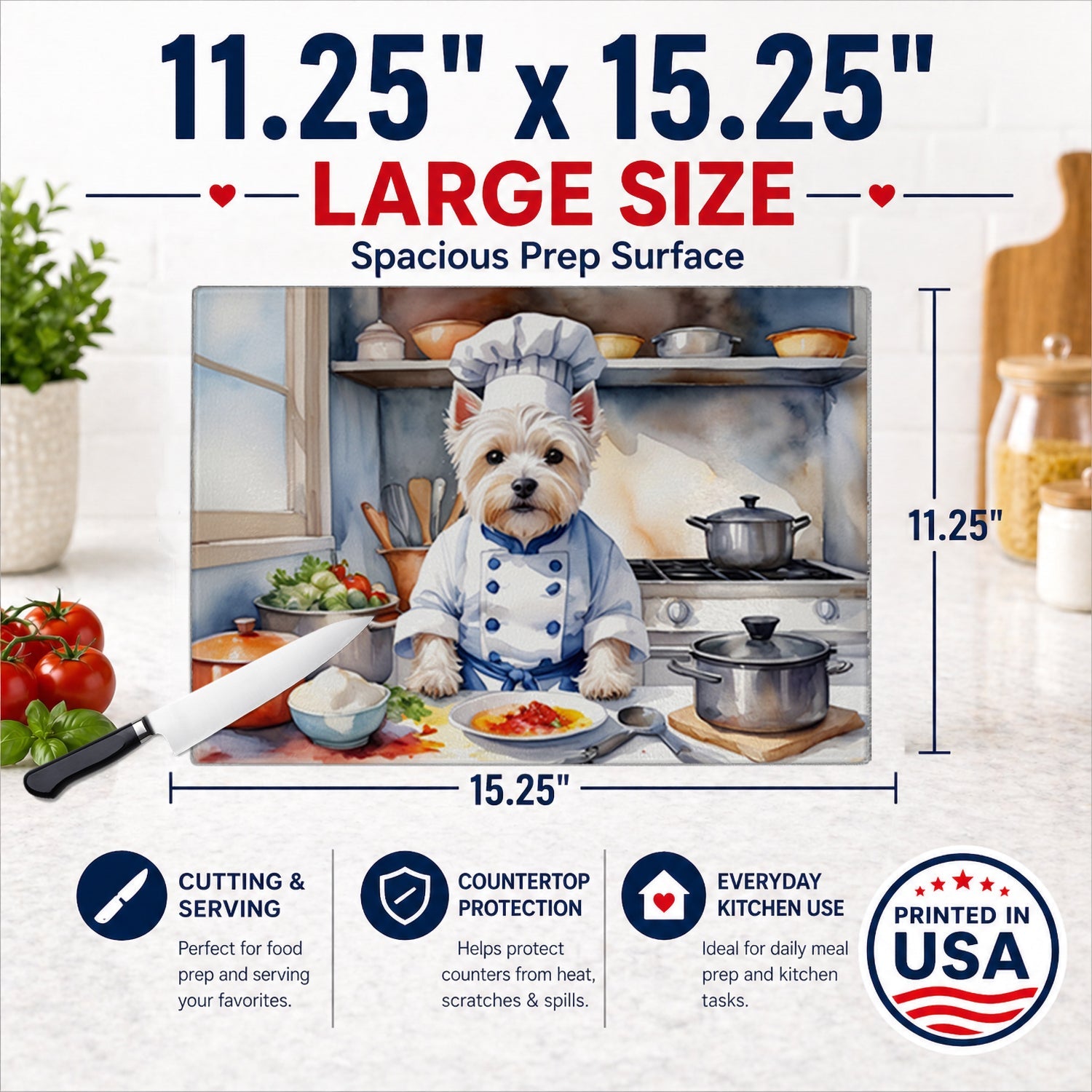 Westie The Chef Cutting Board Tempered Glass Kitchen Cutting Surface, Heat Resistant Chopping, Non-Slip Feet, Food Prep & Serving