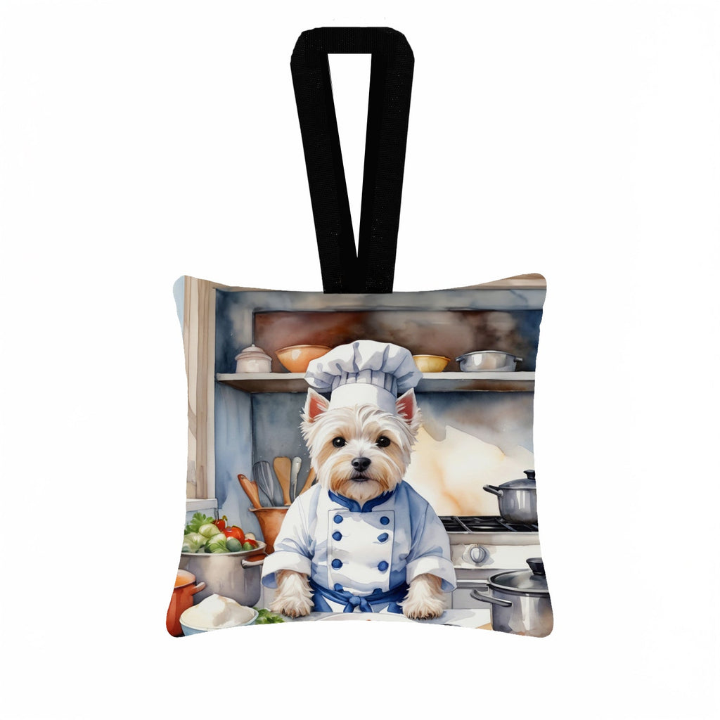Westie The Chef Hanging Square Fabric Ornament 3.5 × 3.5 Decorative Door-Knob & Tree Hanger, Soft Fabric