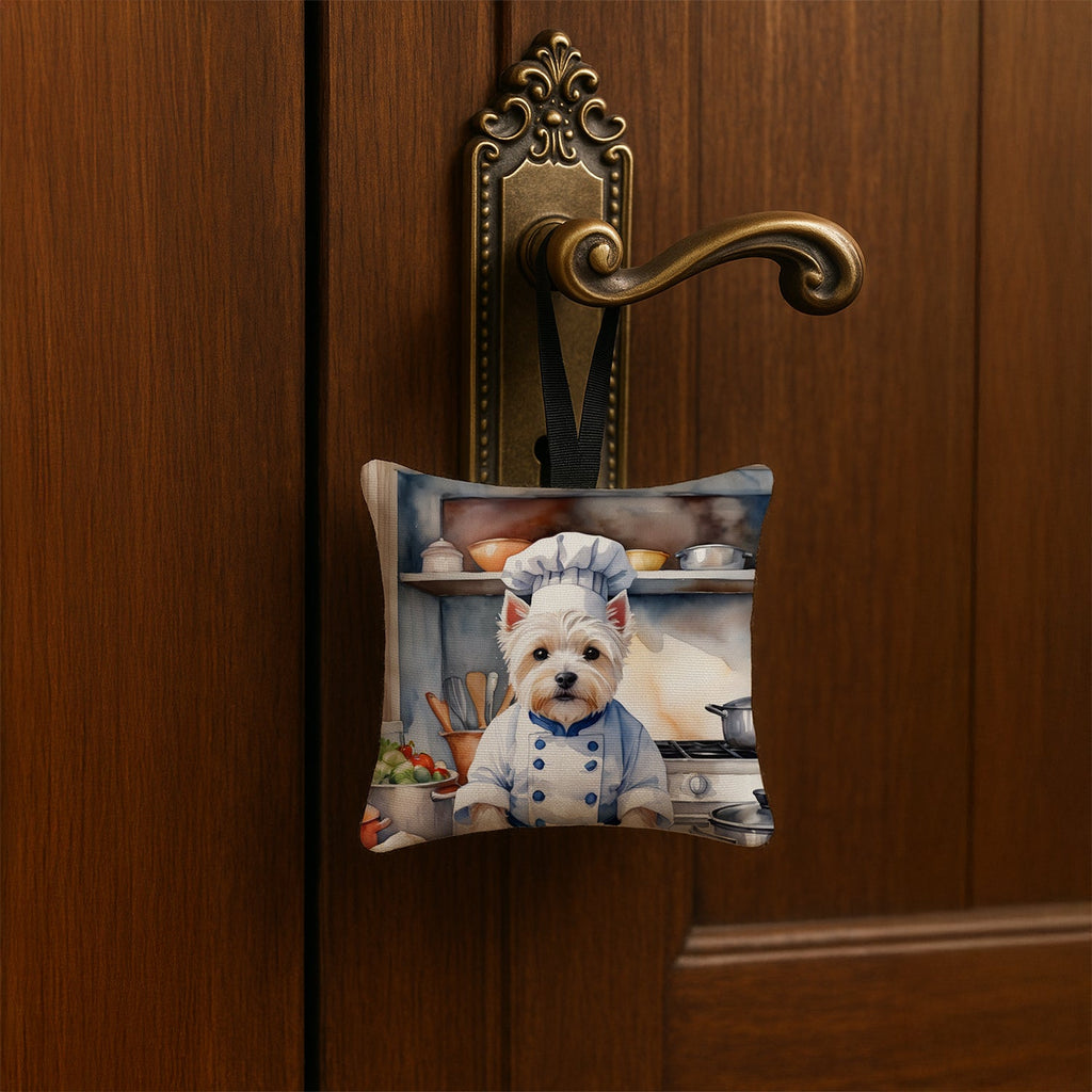 Westie The Chef Hanging Square Fabric Ornament 3.5 × 3.5 Decorative Door-Knob & Tree Hanger, Soft Fabric