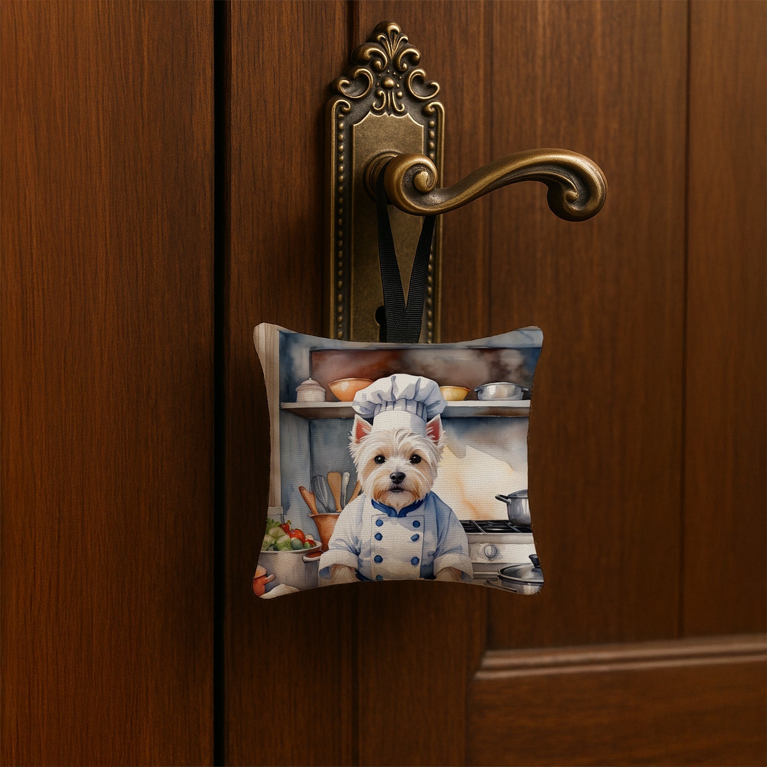 Westie The Chef Hanging Square Fabric Ornament 3.5 × 3.5 Decorative Door-Knob & Tree Hanger, Soft Fabric