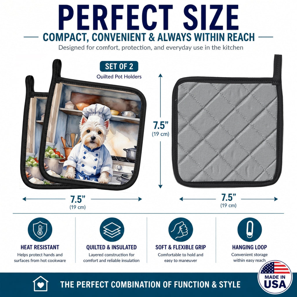 Westie The Chef Pot Holder Set of 2 Heat Resistant Quilted Hot Pads 7.5 x 7.5 Inch, Insulated Kitchen Trivets for Cooking & Baking
