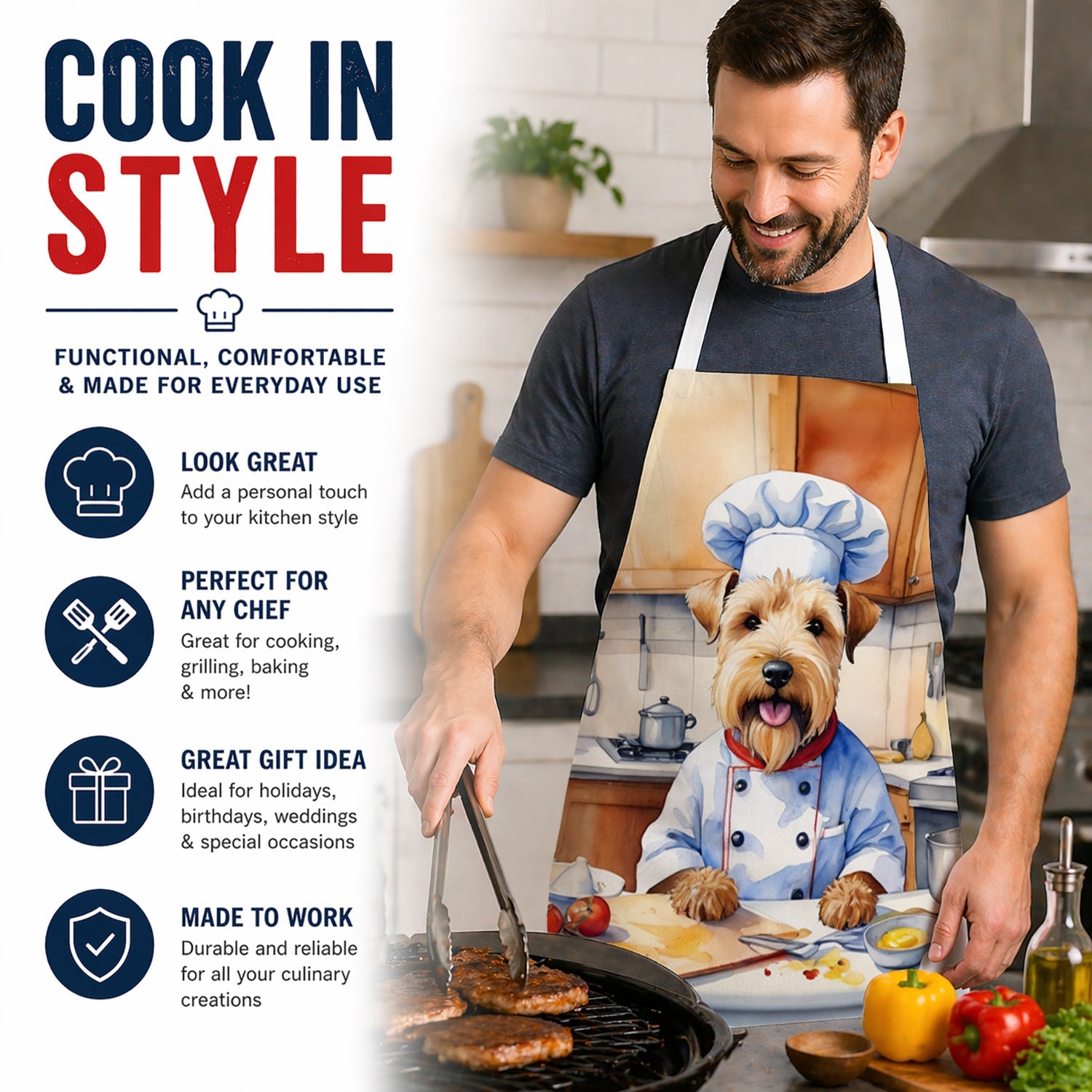 Wheaten Terrier The Chef Apron Cooking Kitchen Server Baking Crafts Gardening for Adult Women Men, Unisex, Large, Multicolor