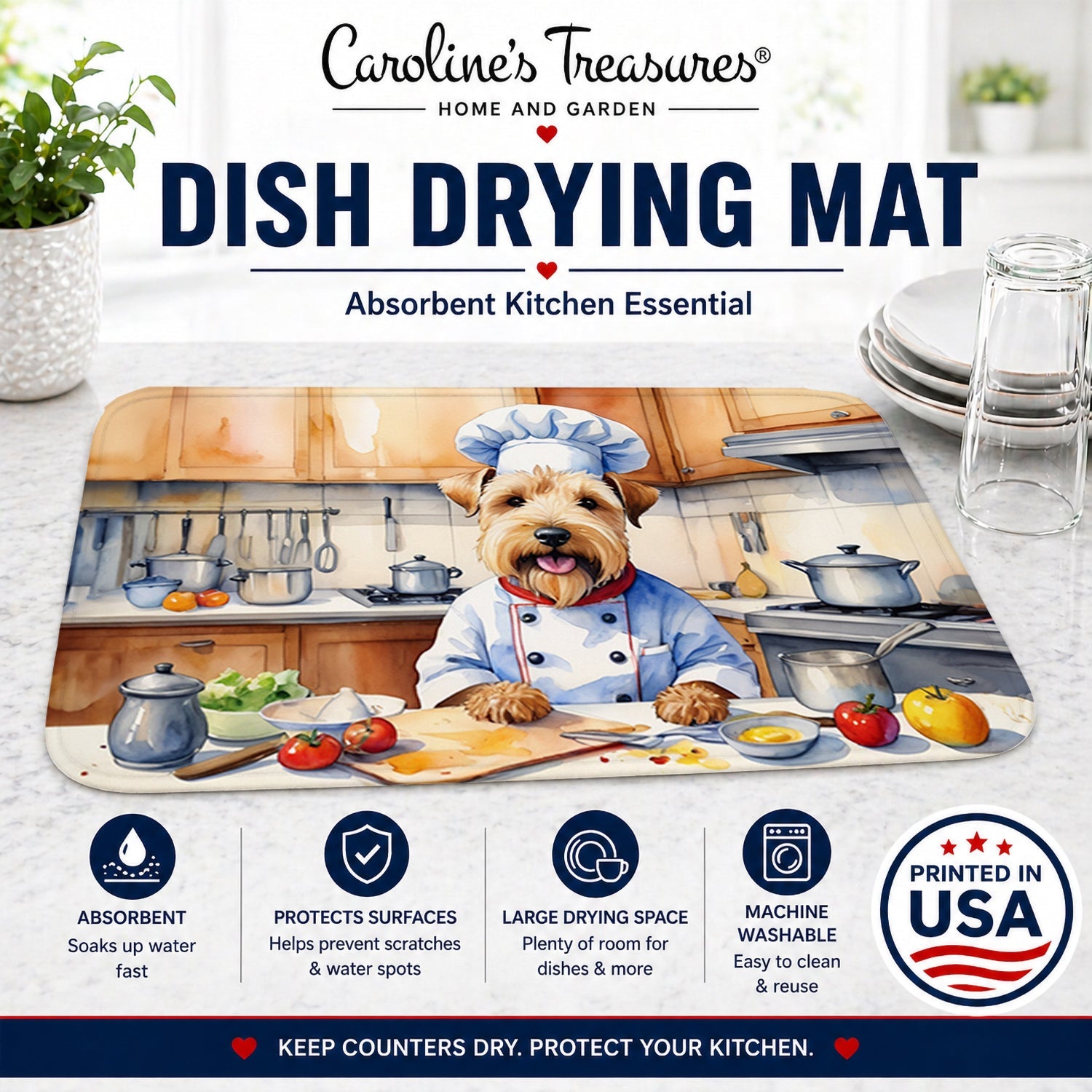 Wheaten Terrier The Chef Dish Drying Mat Absorbent Dish Drying Mat Pad for Kitchen Counter Dish Drainer Mat for Countertop, 14 x 21", Multicolor