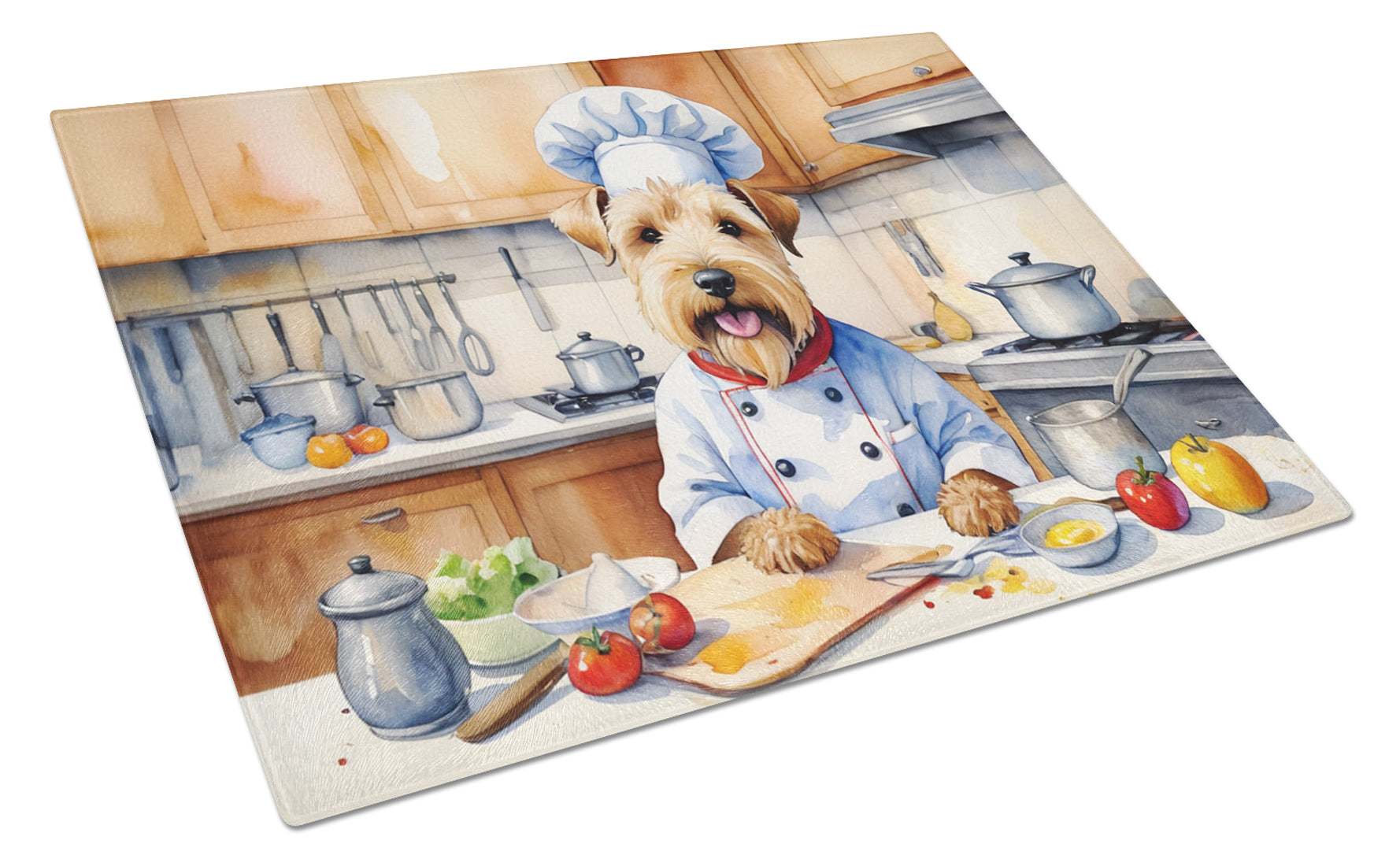 Wheaten Terrier The Chef Cutting Board Tempered Glass Kitchen Cutting Surface, Heat Resistant Chopping, Non-Slip Feet, Food Prep & Serving