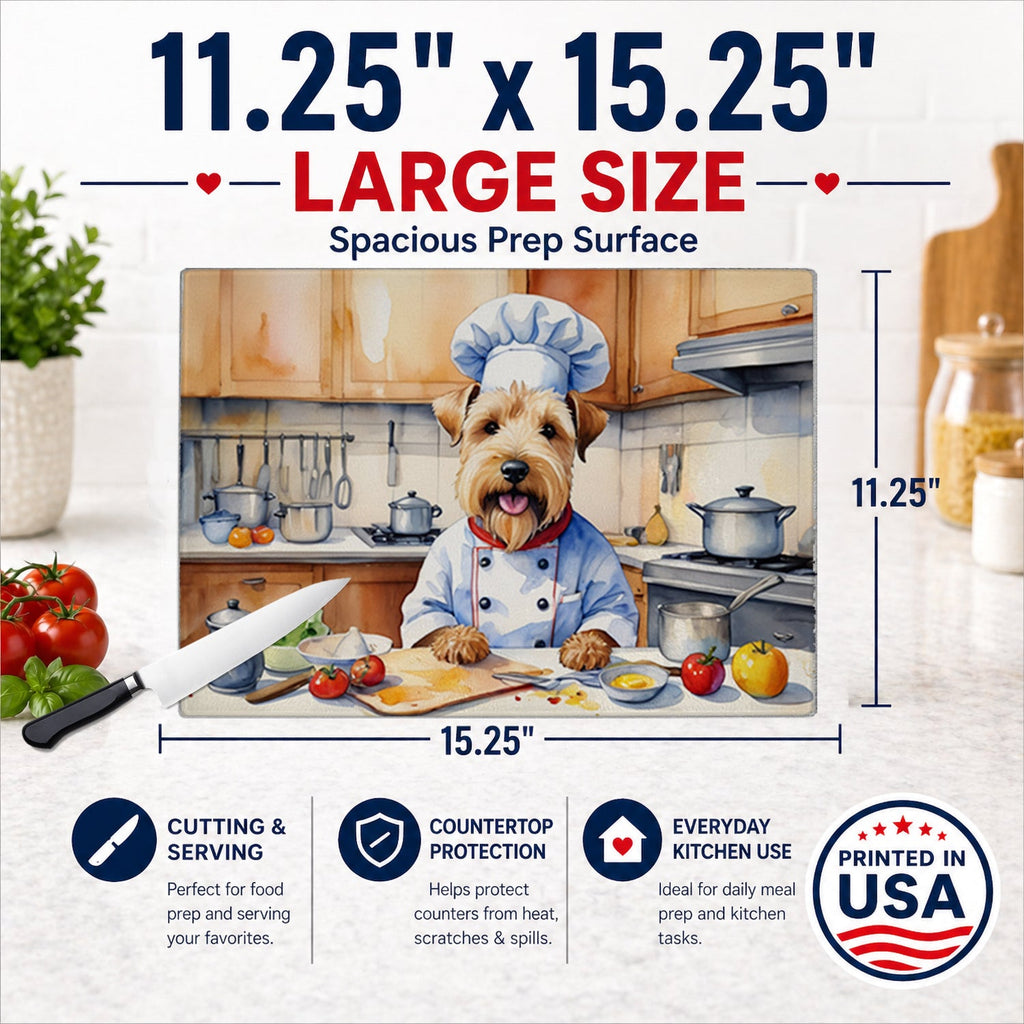 Wheaten Terrier The Chef Cutting Board Tempered Glass Kitchen Cutting Surface, Heat Resistant Chopping, Non-Slip Feet, Food Prep & Serving