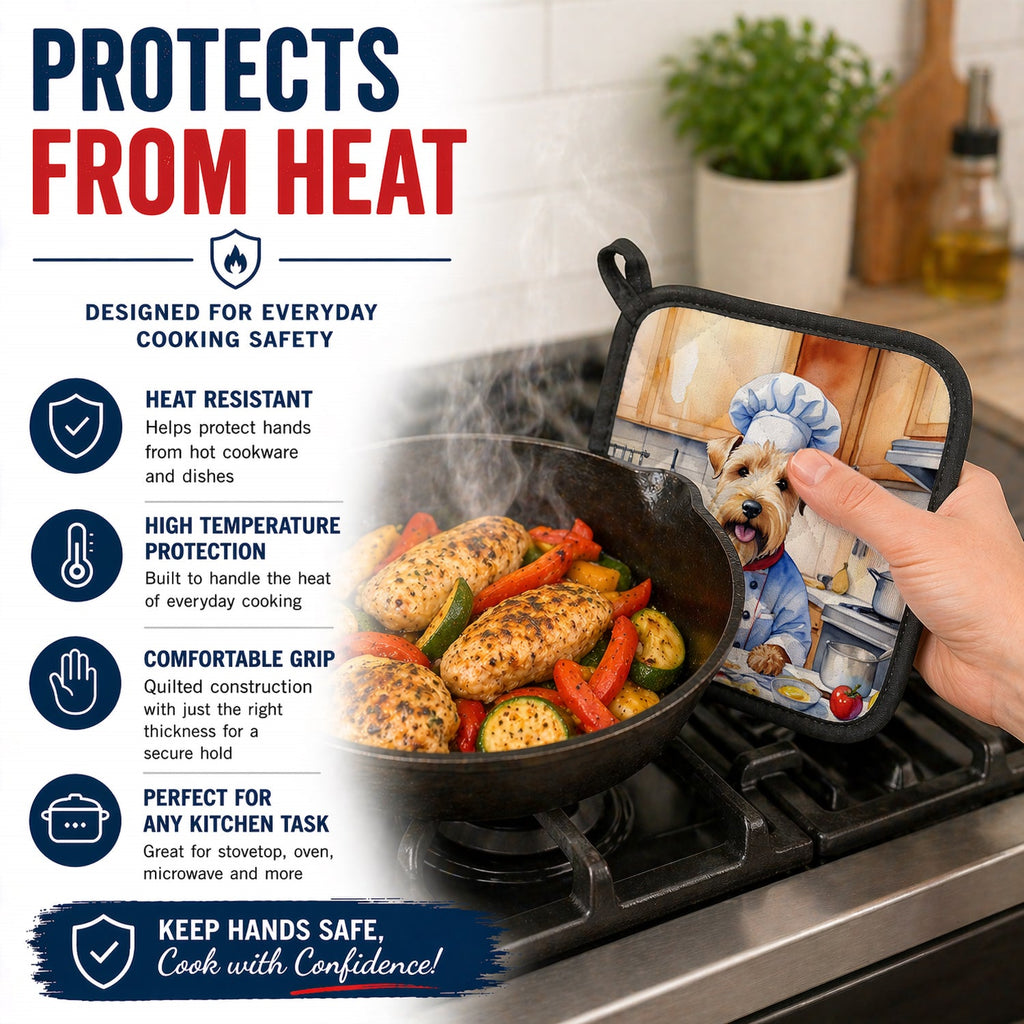 Wheaten Terrier The Chef Pot Holder Set of 2 Heat Resistant Quilted Hot Pads 7.5 x 7.5 Inch, Insulated Kitchen Trivets for Cooking & Baking