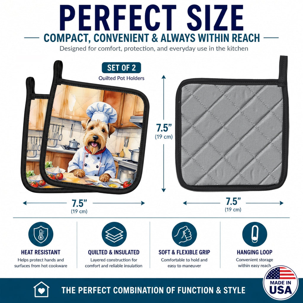 Wheaten Terrier The Chef Pot Holder Set of 2 Heat Resistant Quilted Hot Pads 7.5 x 7.5 Inch, Insulated Kitchen Trivets for Cooking & Baking
