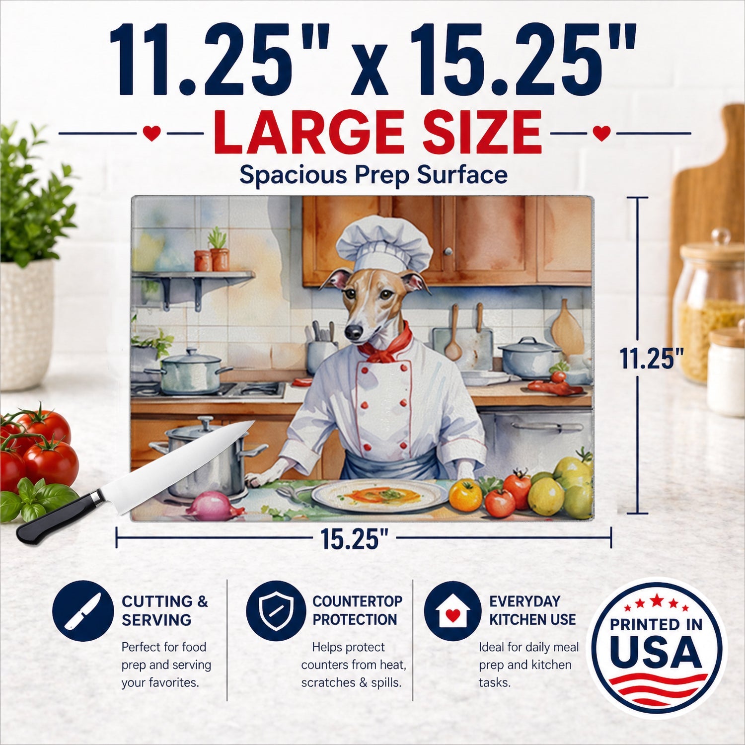 Whippet The Chef Cutting Board Tempered Glass Kitchen Cutting Surface, Heat Resistant Chopping, Non-Slip Feet, Food Prep & Serving