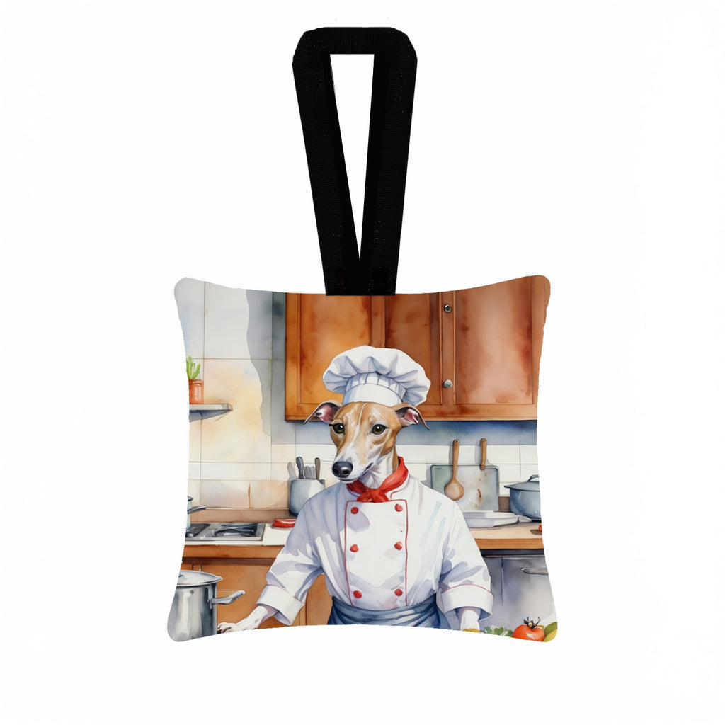 Whippet The Chef Hanging Square Fabric Ornament 3.5 × 3.5 Decorative Door-Knob & Tree Hanger, Soft Fabric
