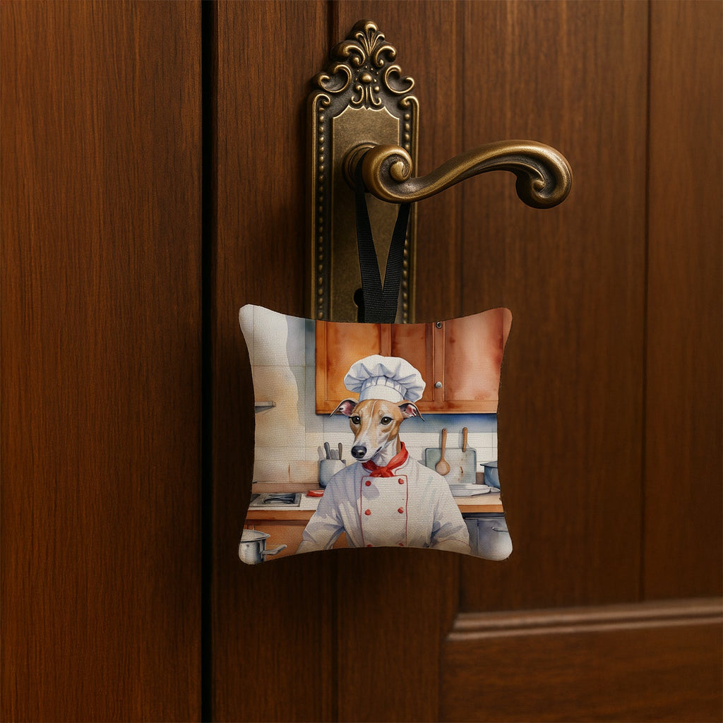 Whippet The Chef Hanging Square Fabric Ornament 3.5 × 3.5 Decorative Door-Knob & Tree Hanger, Soft Fabric