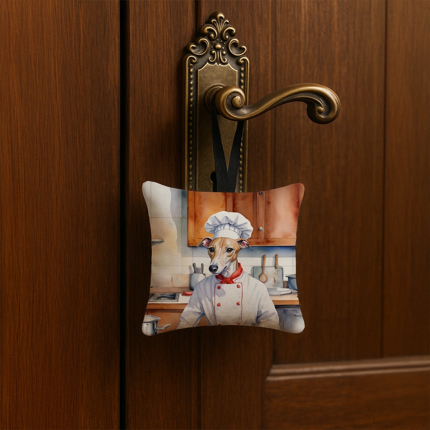 Whippet The Chef Hanging Square Fabric Ornament 3.5 × 3.5 Decorative Door-Knob & Tree Hanger, Soft Fabric