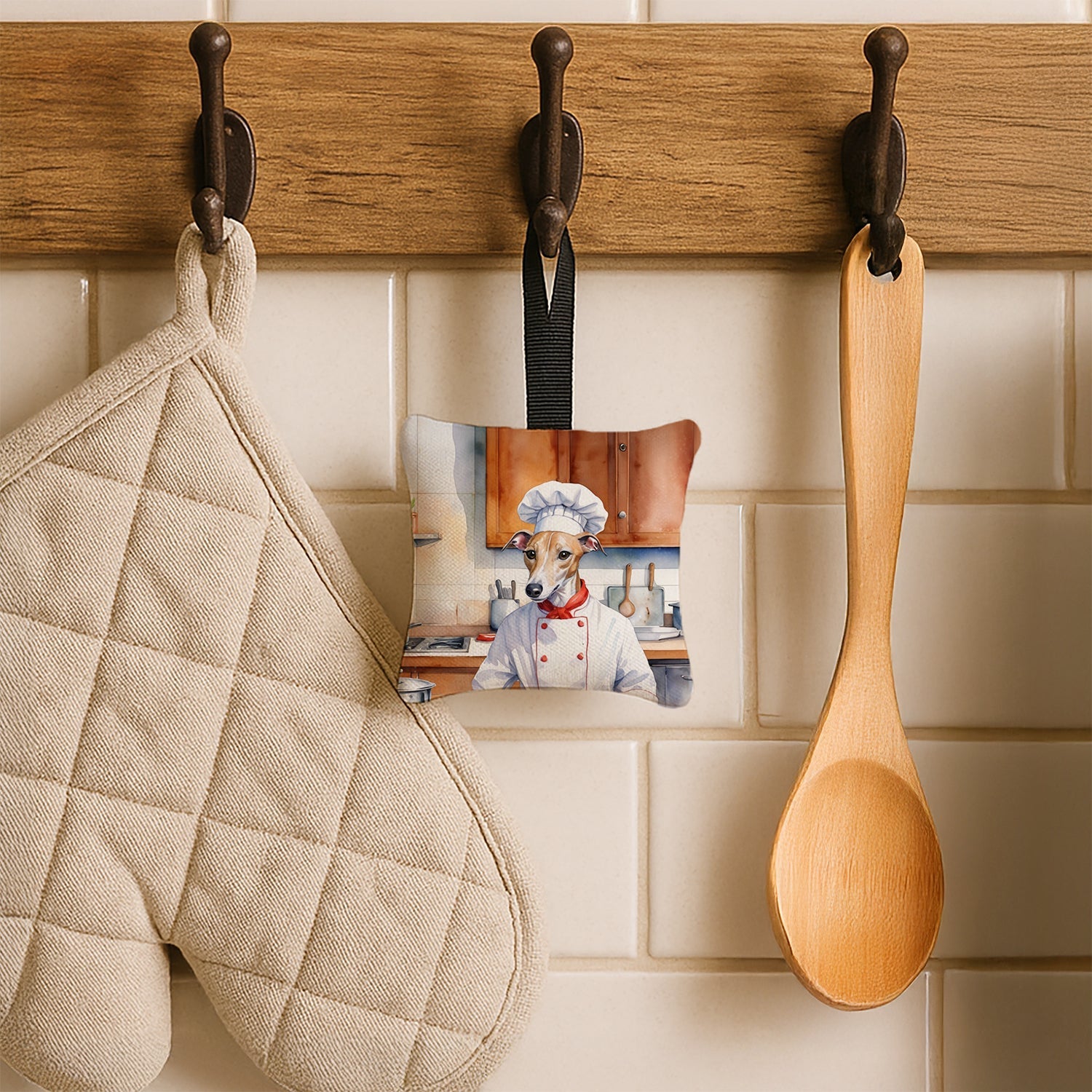 Whippet The Chef Hanging Square Fabric Ornament 3.5 × 3.5 Decorative Door-Knob & Tree Hanger, Soft Fabric