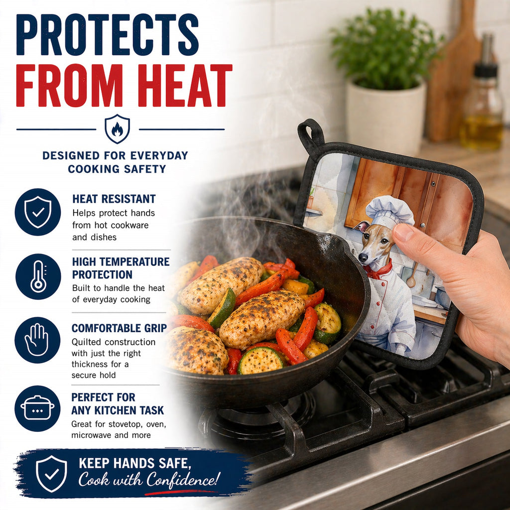 Whippet The Chef Pot Holder Set of 2 Heat Resistant Quilted Hot Pads 7.5 x 7.5 Inch, Insulated Kitchen Trivets for Cooking & Baking