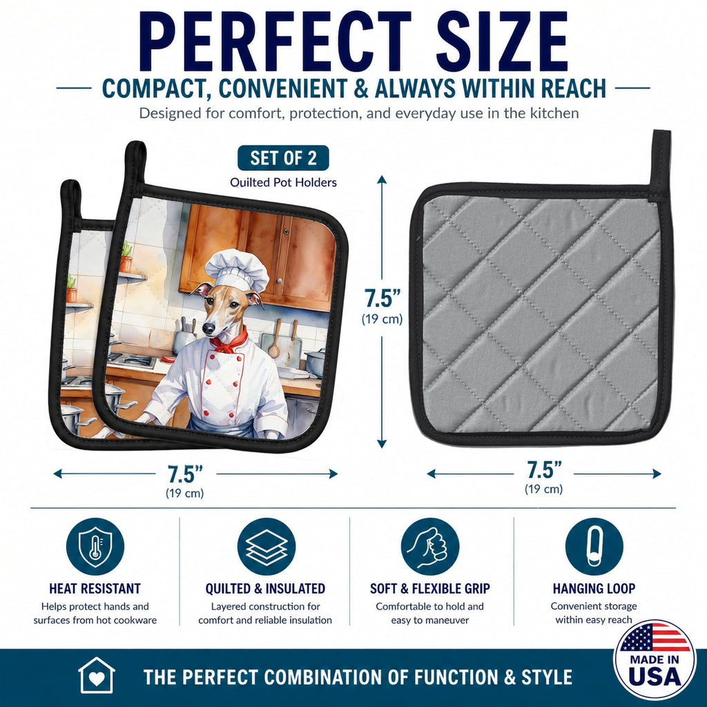 Whippet The Chef Pot Holder Set of 2 Heat Resistant Quilted Hot Pads 7.5 x 7.5 Inch, Insulated Kitchen Trivets for Cooking & Baking