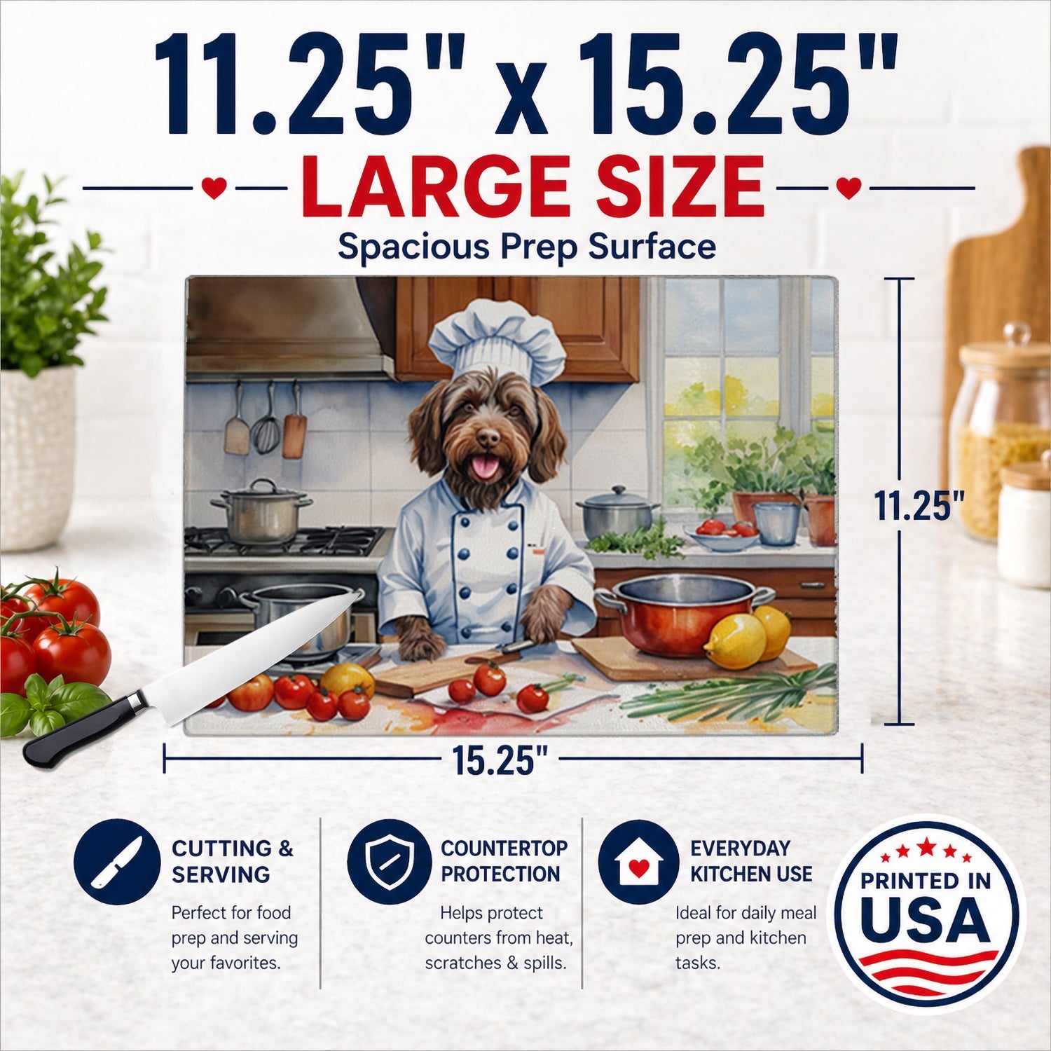 Wirehaired Pointing Griffon The Chef Cutting Board Tempered Glass Kitchen Cutting Surface, Heat Resistant Chopping, Non-Slip Feet, Food Prep & Serving