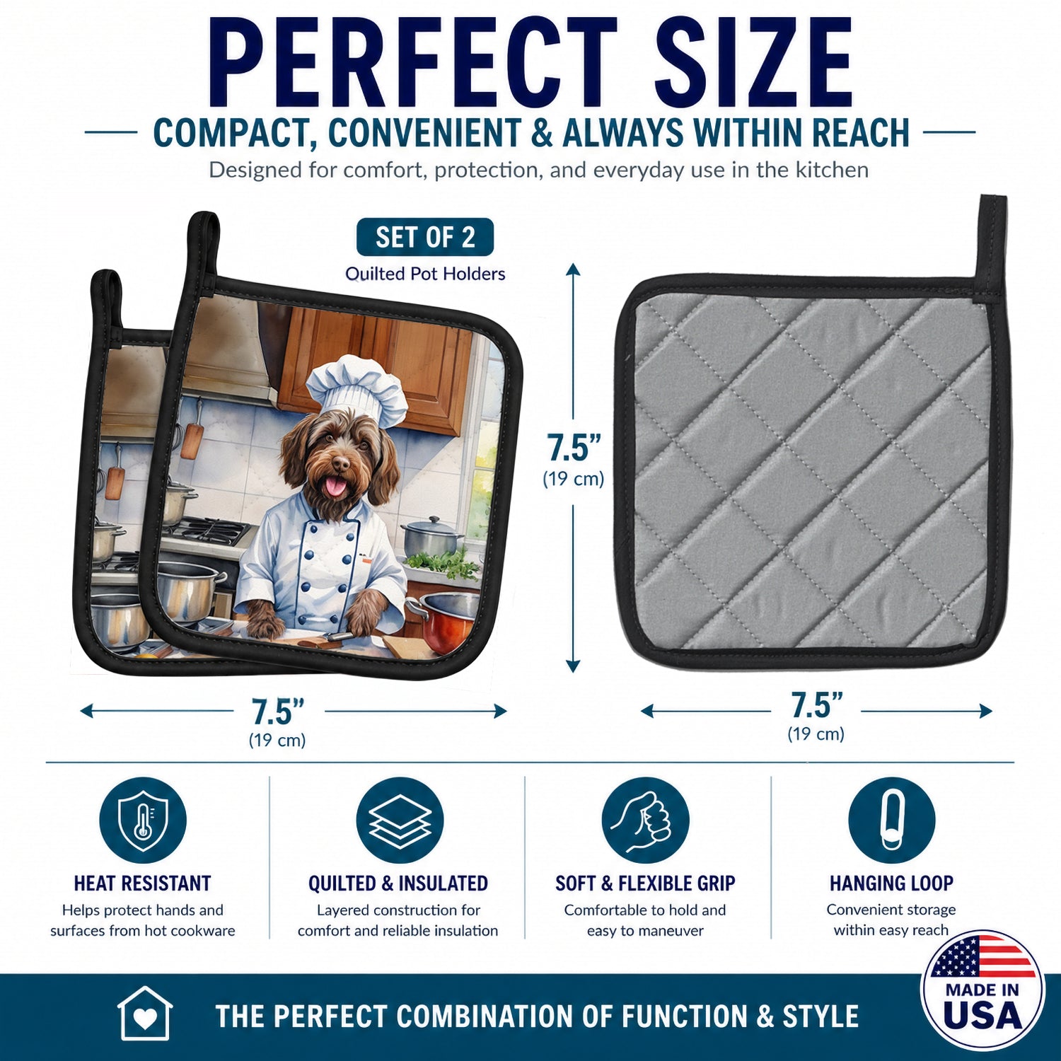 Wirehaired Pointing Griffon The Chef Pot Holder Set of 2 Heat Resistant Quilted Hot Pads 7.5 x 7.5 Inch, Insulated Kitchen Trivets for Cooking & Baking