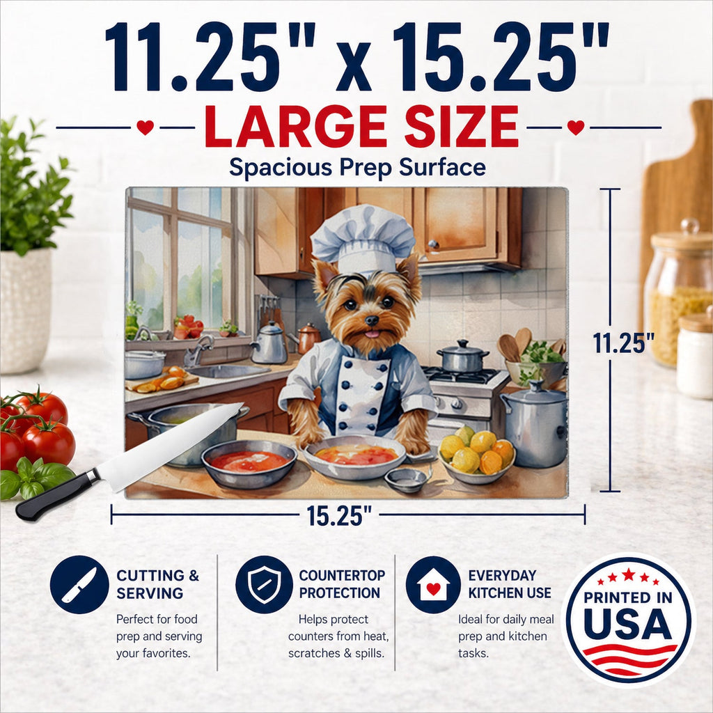 Yorkie Yorkshire Terrier The Chef Cutting Board Tempered Glass Kitchen Cutting Surface, Heat Resistant Chopping, Non-Slip Feet, Food Prep & Serving