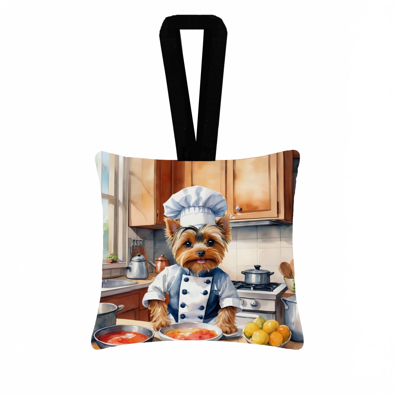 Yorkie Yorkshire Terrier The Chef Hanging Square Fabric Ornament 3.5 × 3.5 Decorative Door-Knob & Tree Hanger, Soft Fabric